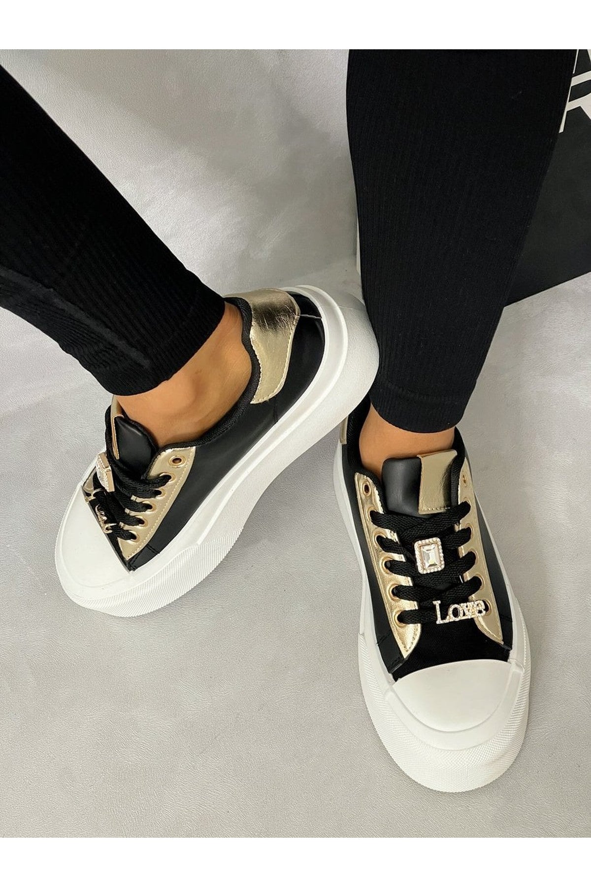 Angelah Lace Up Love Platform Trainers - Black