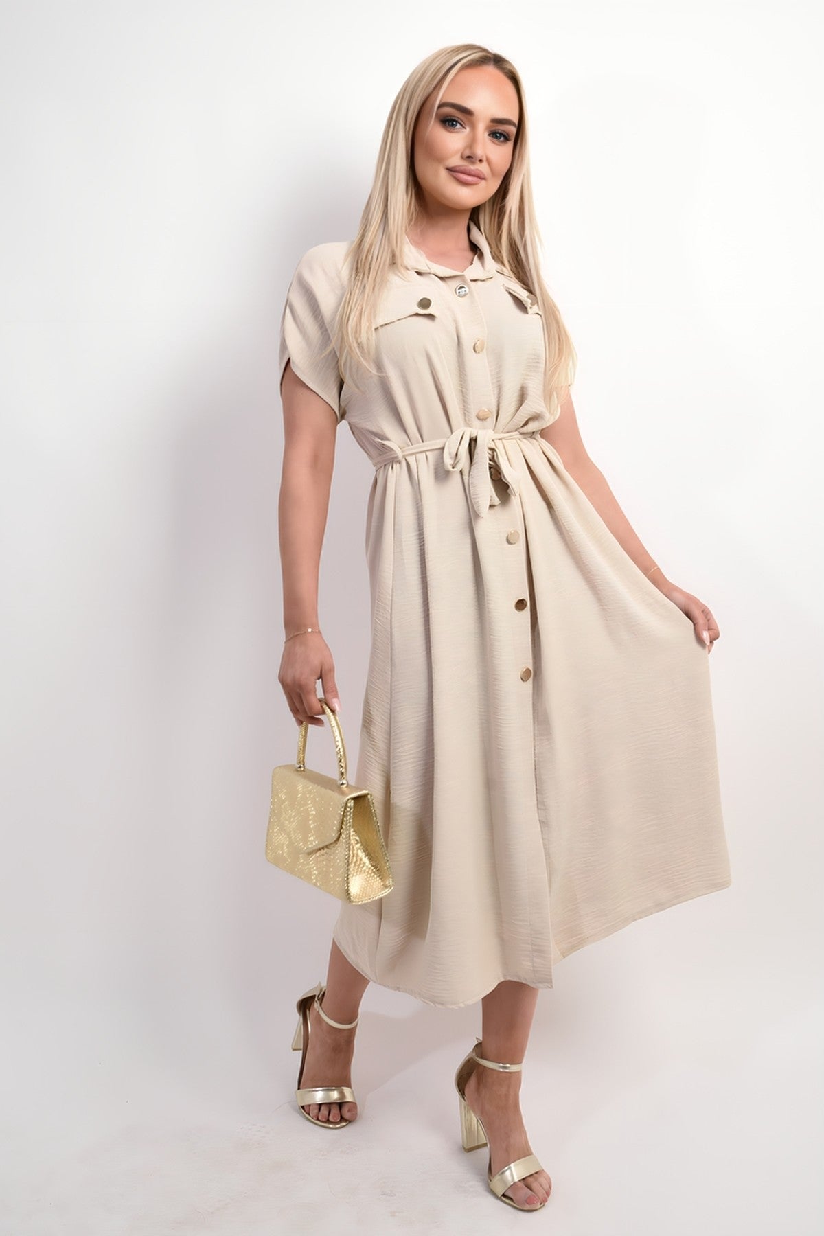 Annie Collared Button Down Short Sleeve Tie Waist Midi Dress - Beige