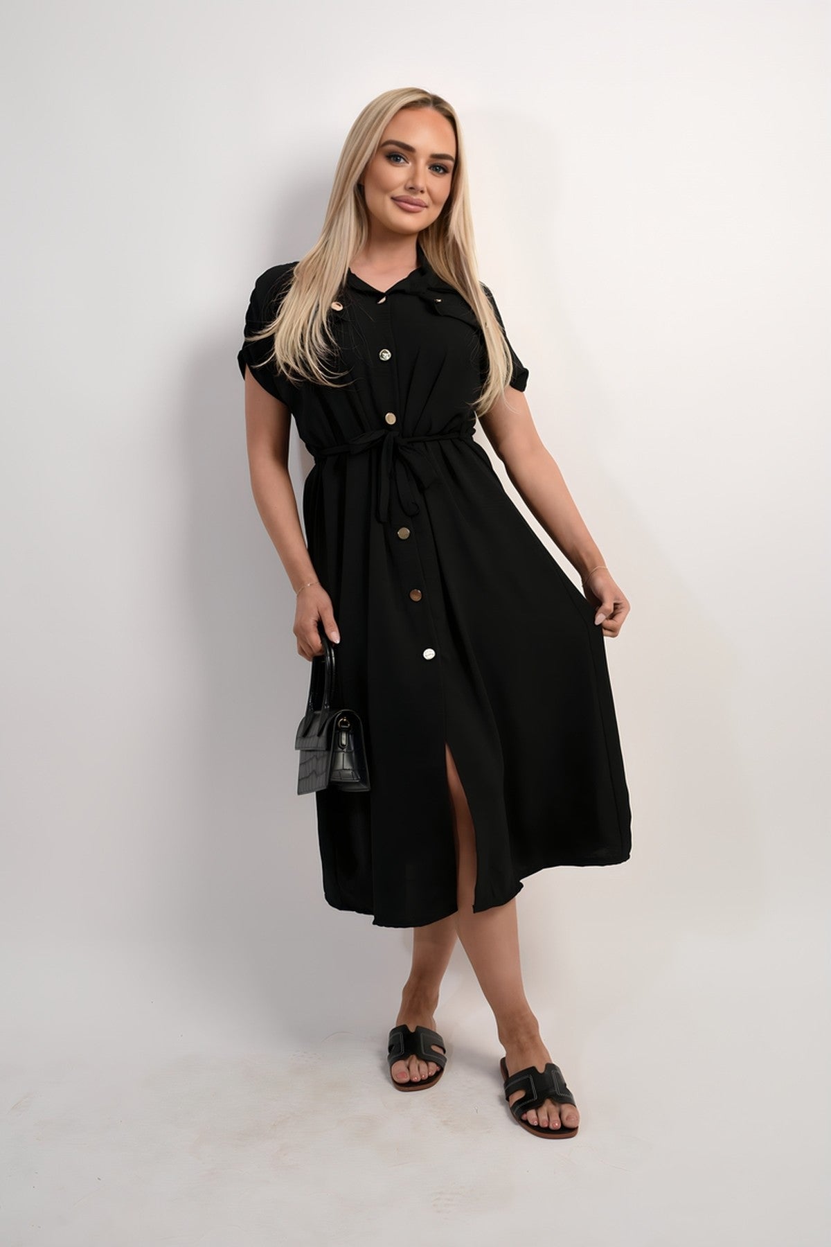 Annie Collared Button Down Short Sleeve Tie Waist Midi Dress - Black