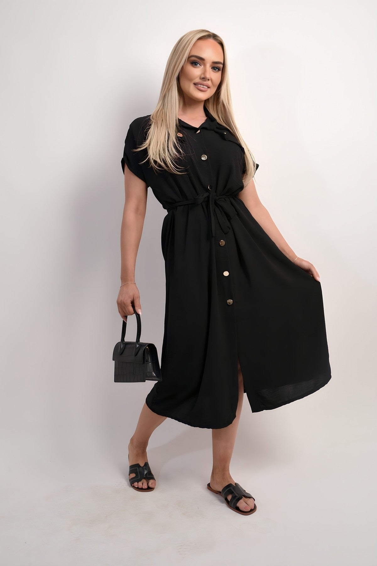 Annie Collared Button Down Short Sleeve Tie Waist Midi Dress - Black