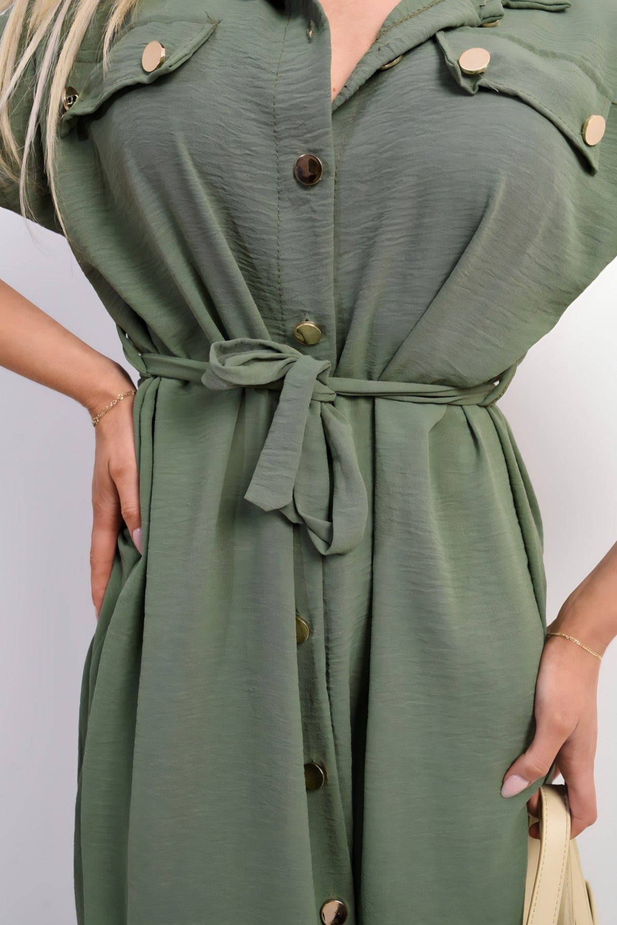 Annie Collared Button Down Short Sleeve Tie Waist Midi Dress - Khaki