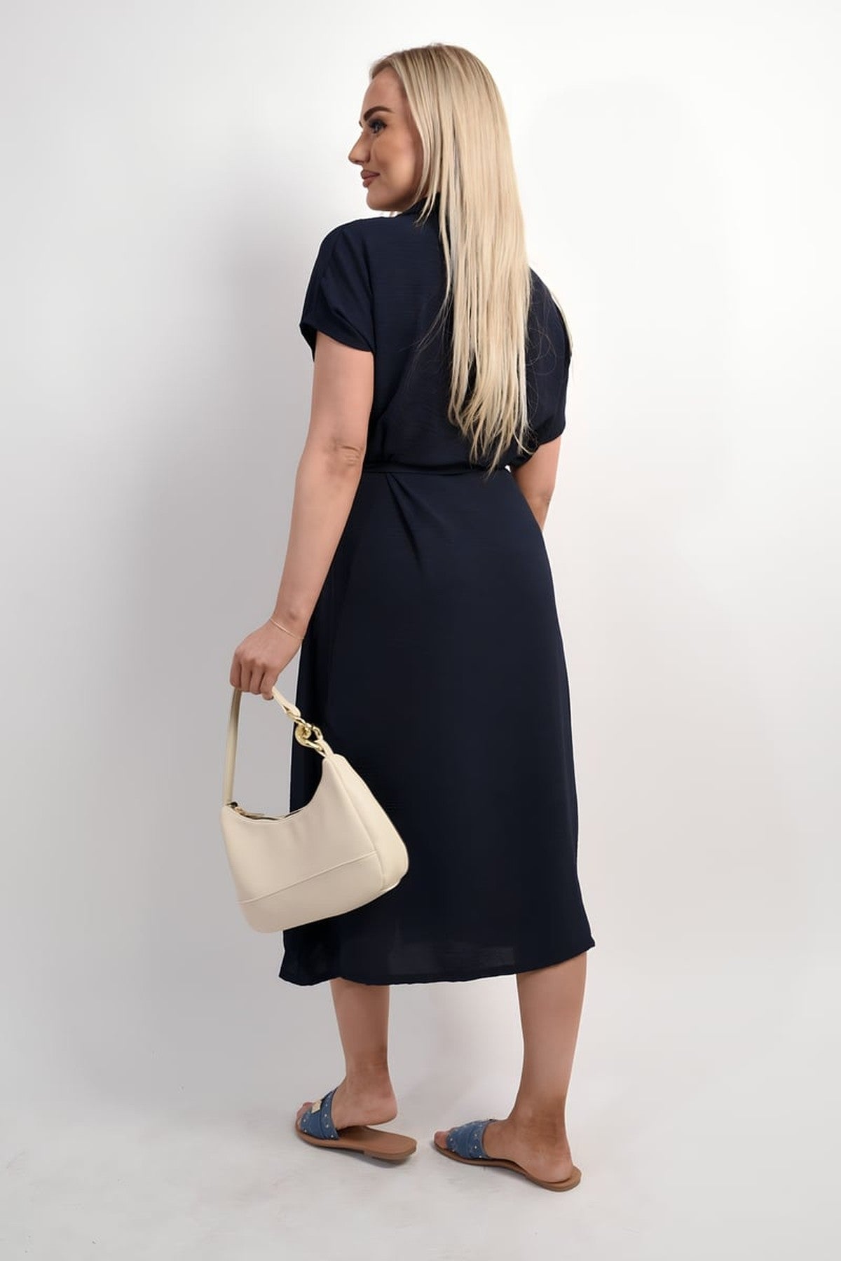 Annie Collared Button Down Short Sleeve Tie Waist Midi Dress - Navy
