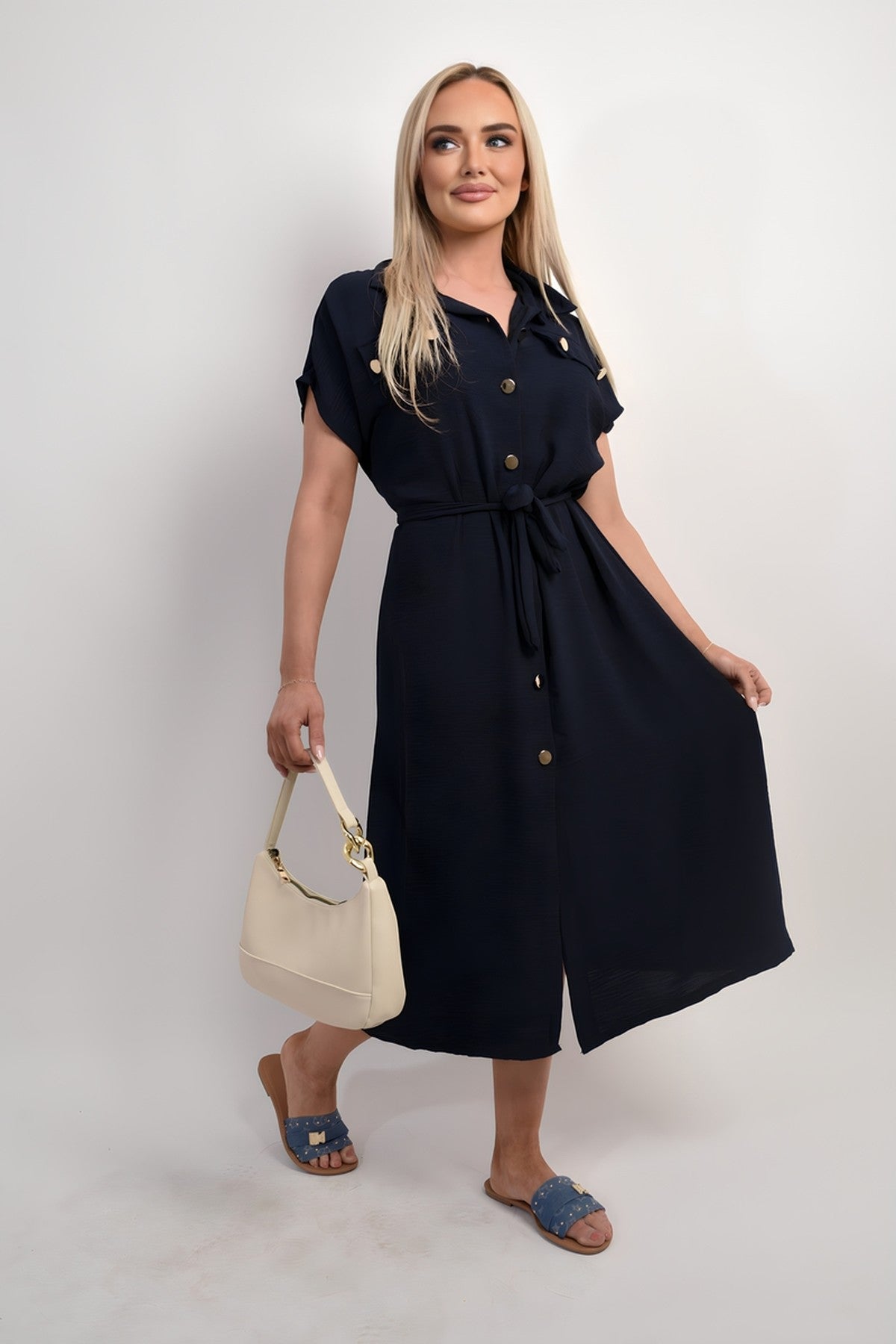 Annie Collared Button Down Short Sleeve Tie Waist Midi Dress - Navy