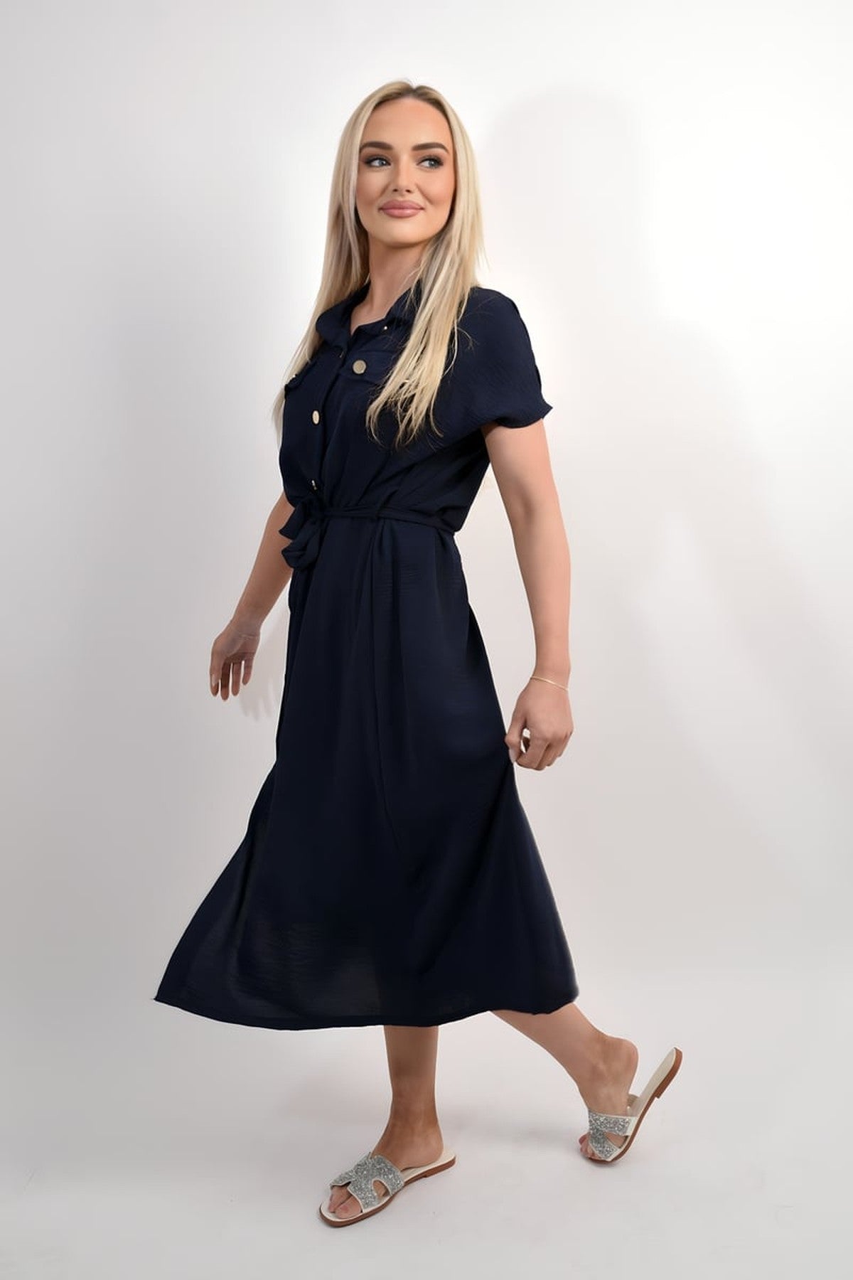 Annie Collared Button Down Short Sleeve Tie Waist Midi Dress - Navy