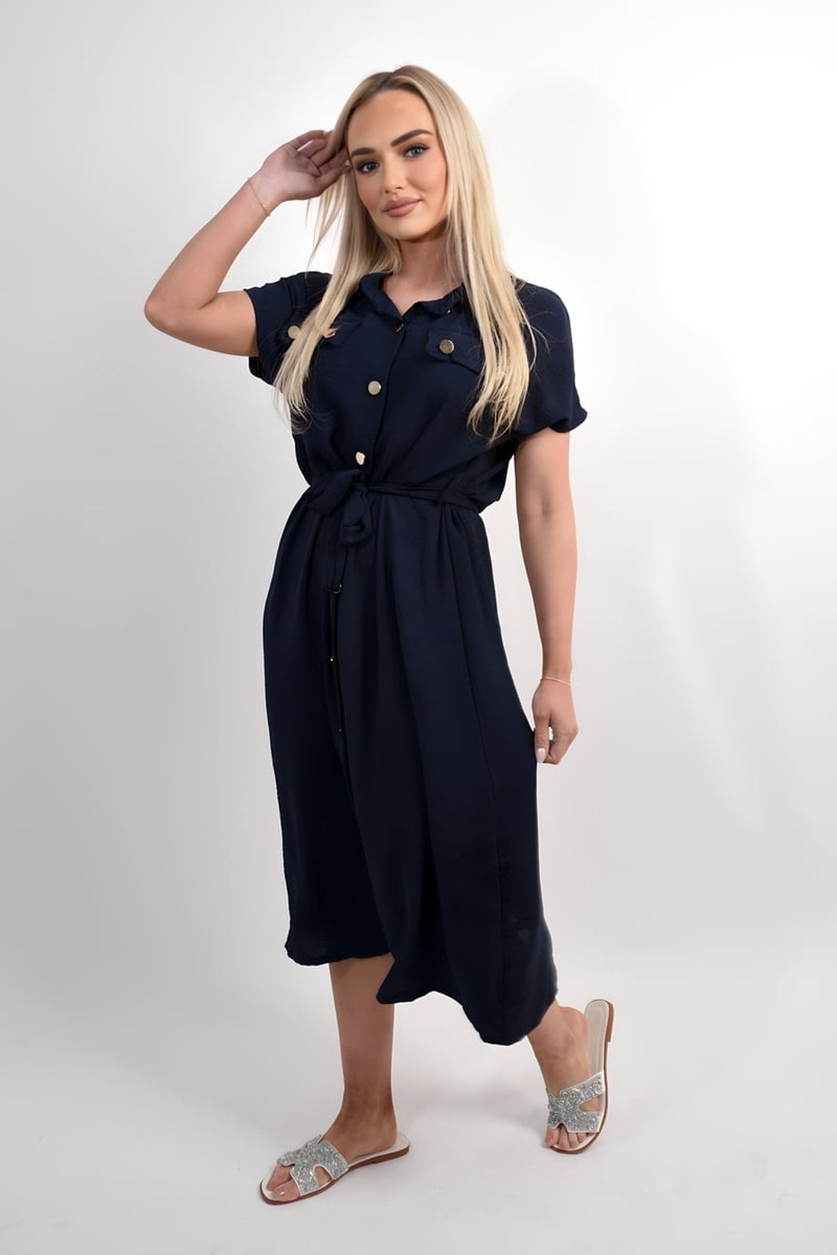 Annie Collared Button Down Short Sleeve Tie Waist Midi Dress - Navy