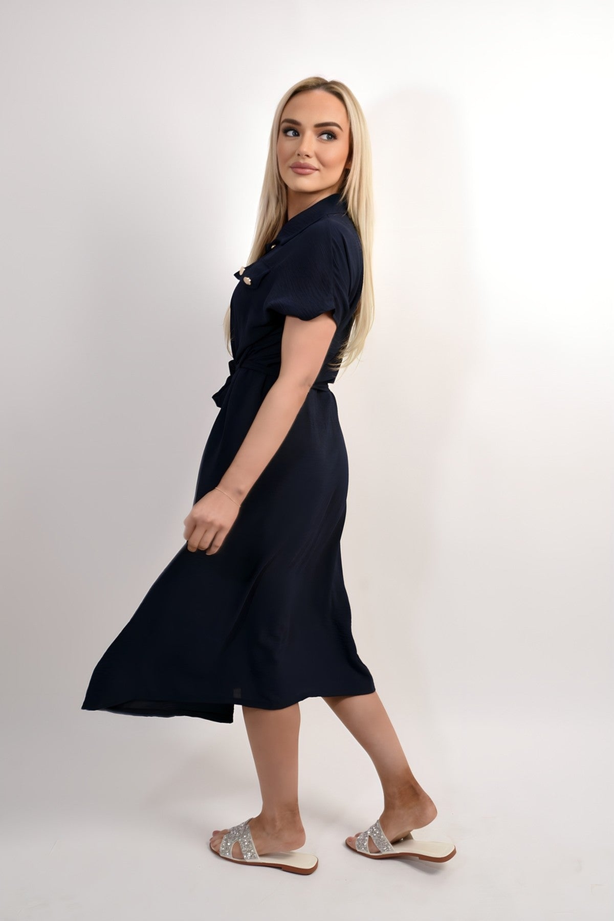 Annie Collared Button Down Short Sleeve Tie Waist Midi Dress - Navy
