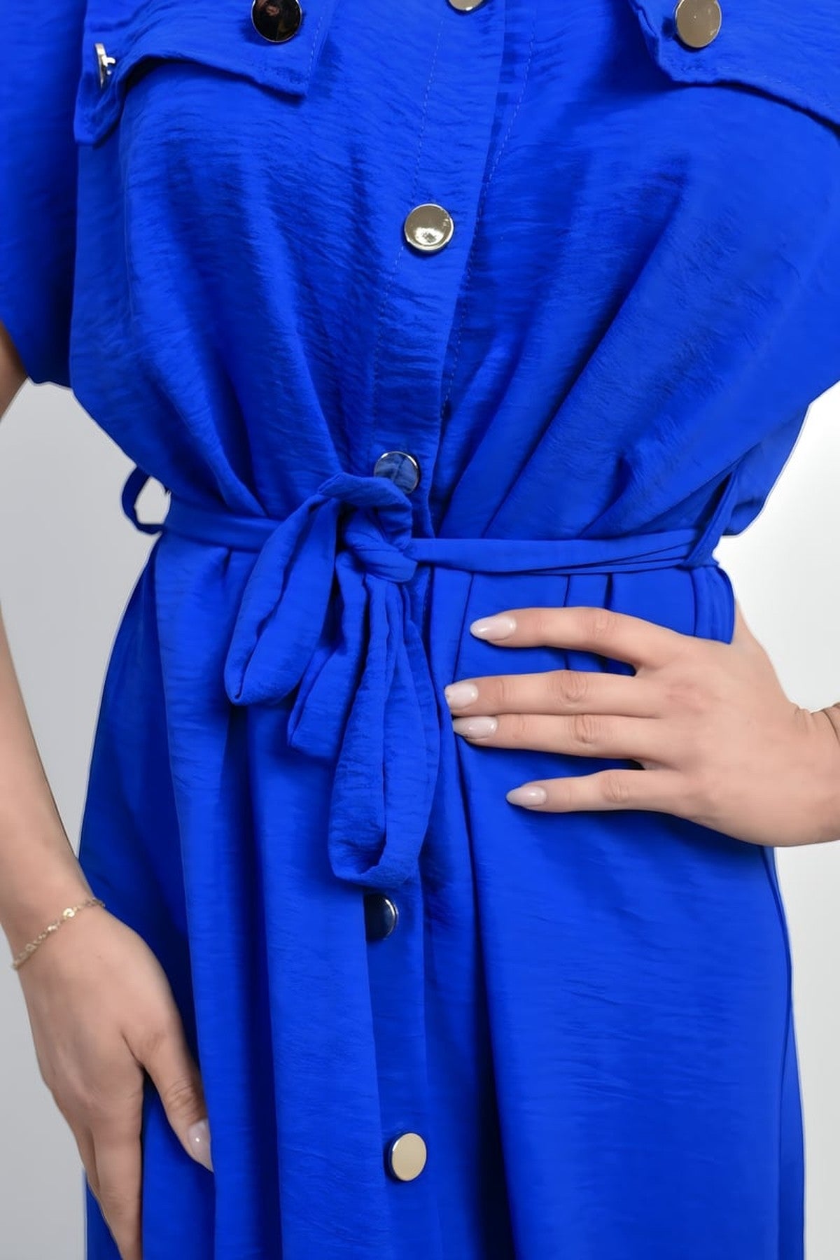 Annie Collared Button Down Short Sleeve Tie Waist Midi Dress - Royal