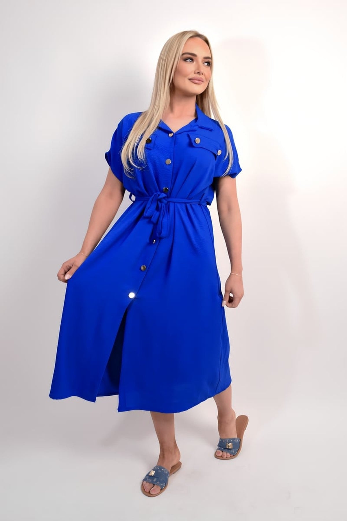 Annie Collared Button Down Short Sleeve Tie Waist Midi Dress - Royal