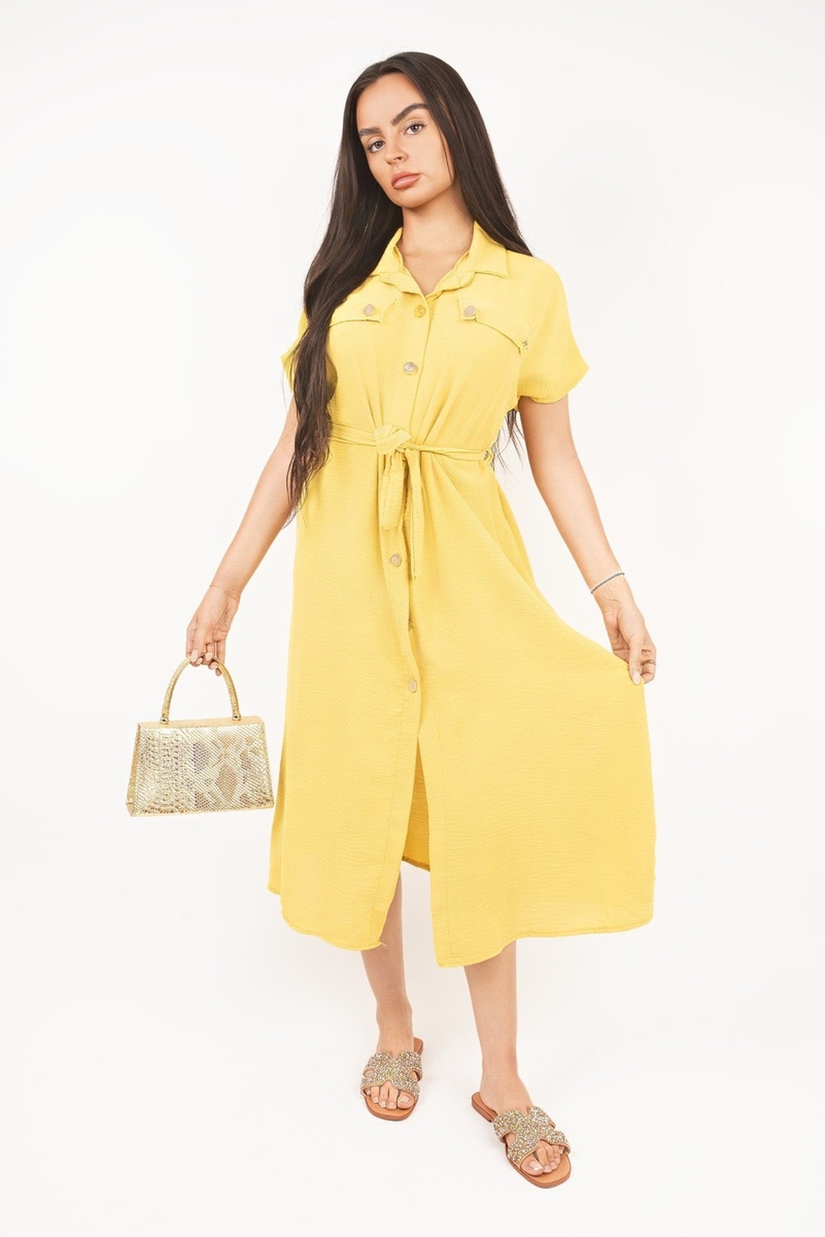 Annie Collared Button Down Short Sleeve Tie Waist Midi Dress - Yellow