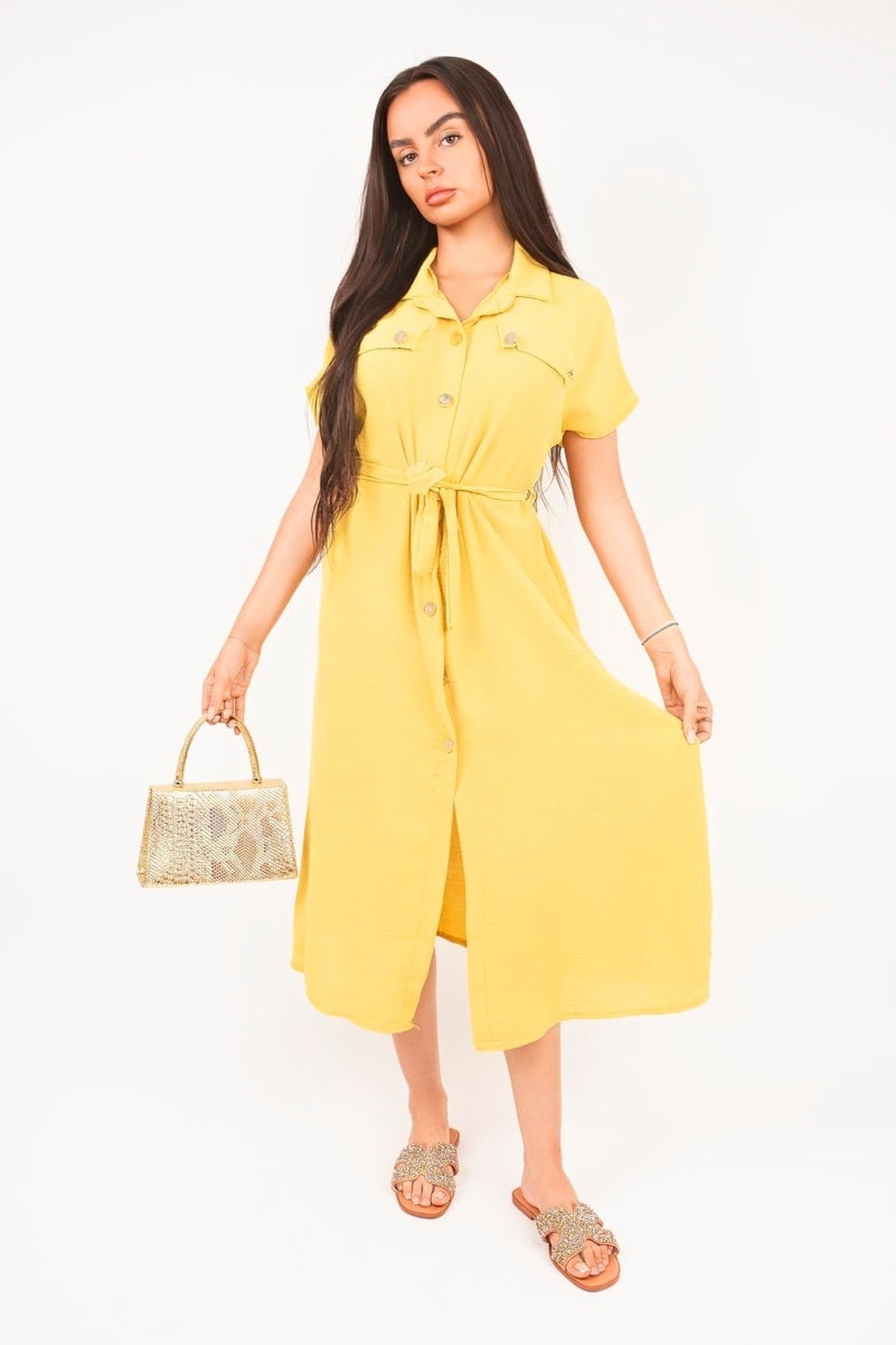 Annie Collared Button Down Short Sleeve Tie Waist Midi Dress - Yellow
