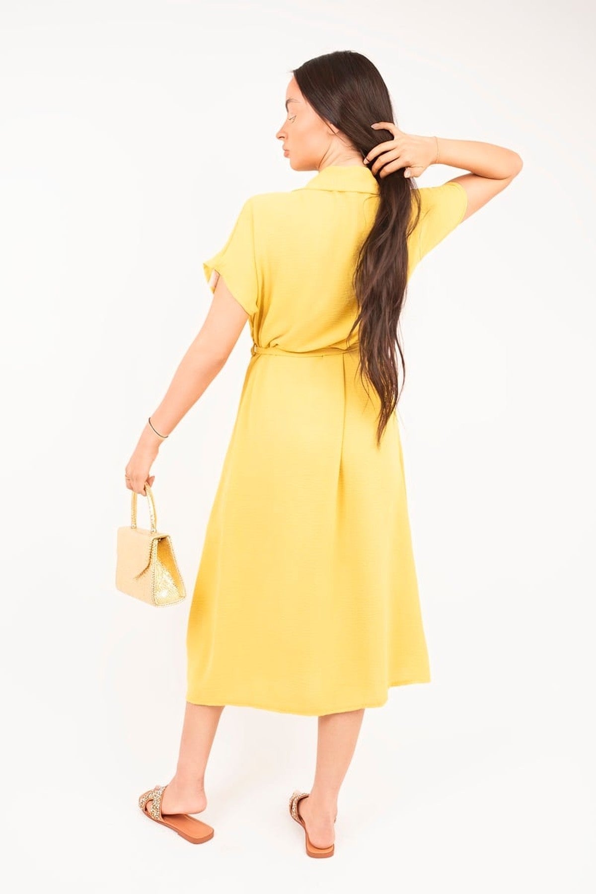 Annie Collared Button Down Short Sleeve Tie Waist Midi Dress - Yellow