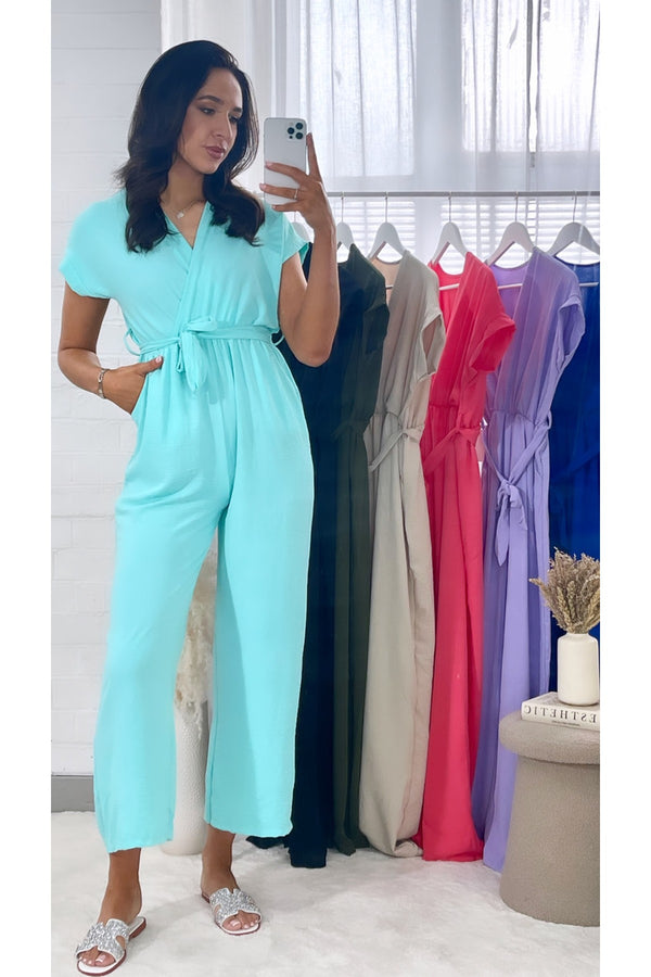 Alessandra Belted V Neck Jumpsuit With Side Pockets - Aqua