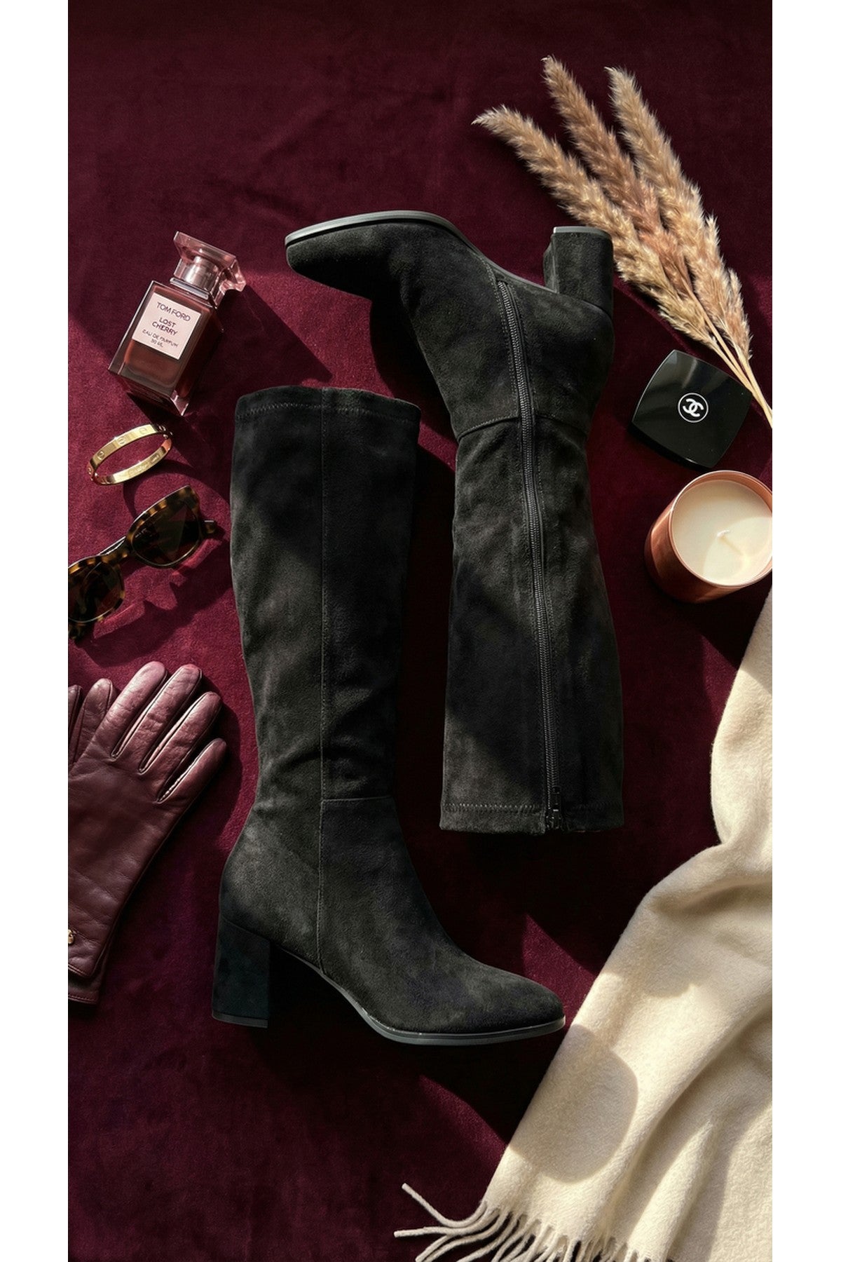 Ardina Suede Knee High Block Heel Boots - Black