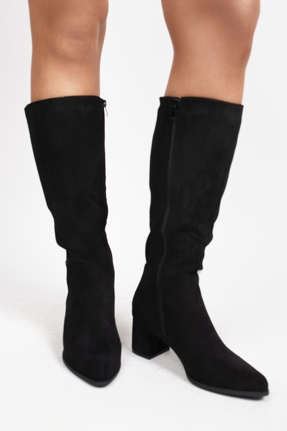Ardina Suede Knee High Block Heel Boots - Black