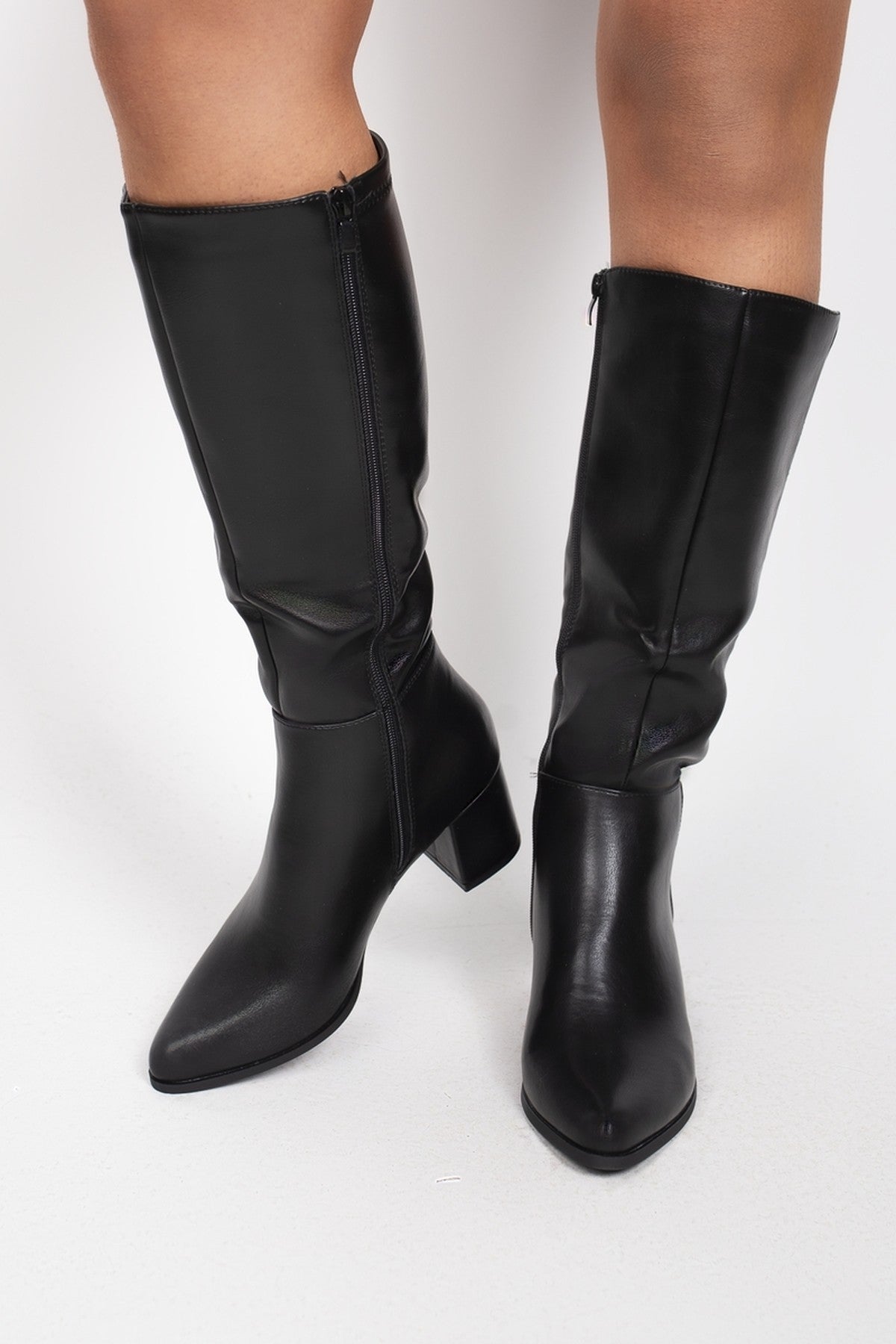 Ardina Suede Knee High Block Heel Boots - Black Pu