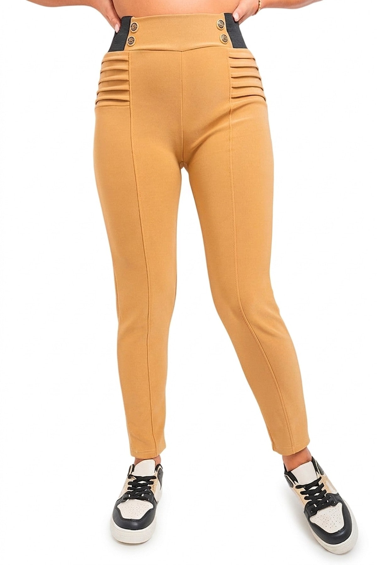 Ariah Elastic Waist Button Detail Leggings - Beige_wb