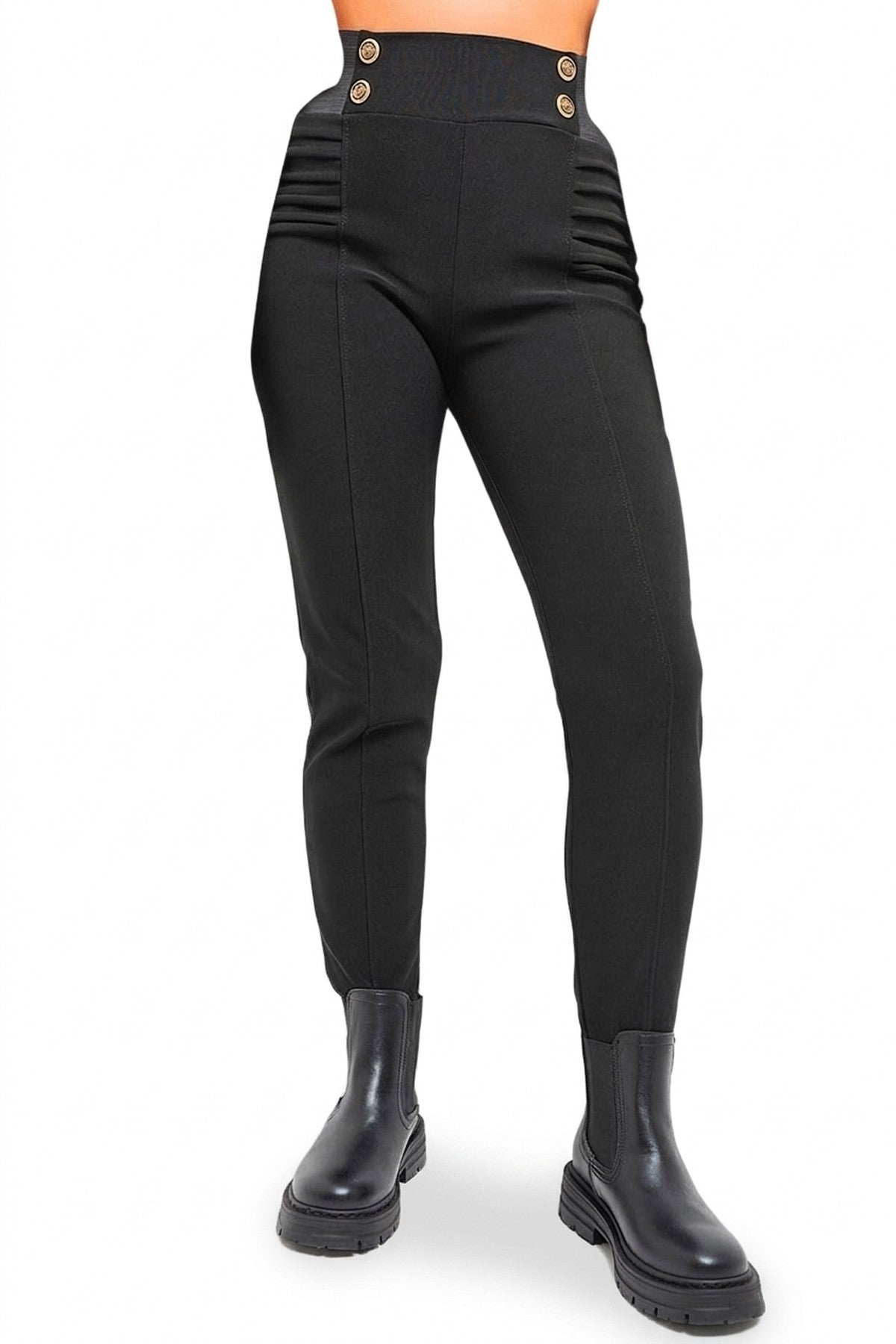 Ariah Elastic Waist Button Detail Leggings - BLACK_wb