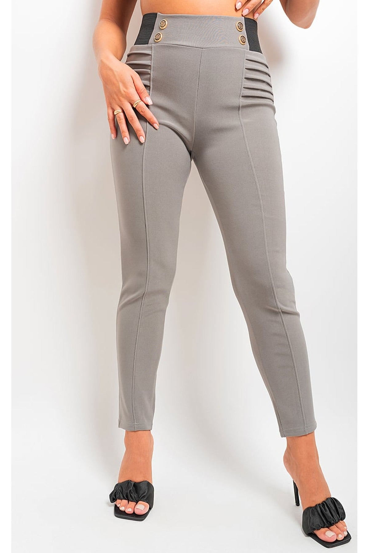 Ariah Elastic Waist Button Detail Leggings - Grey