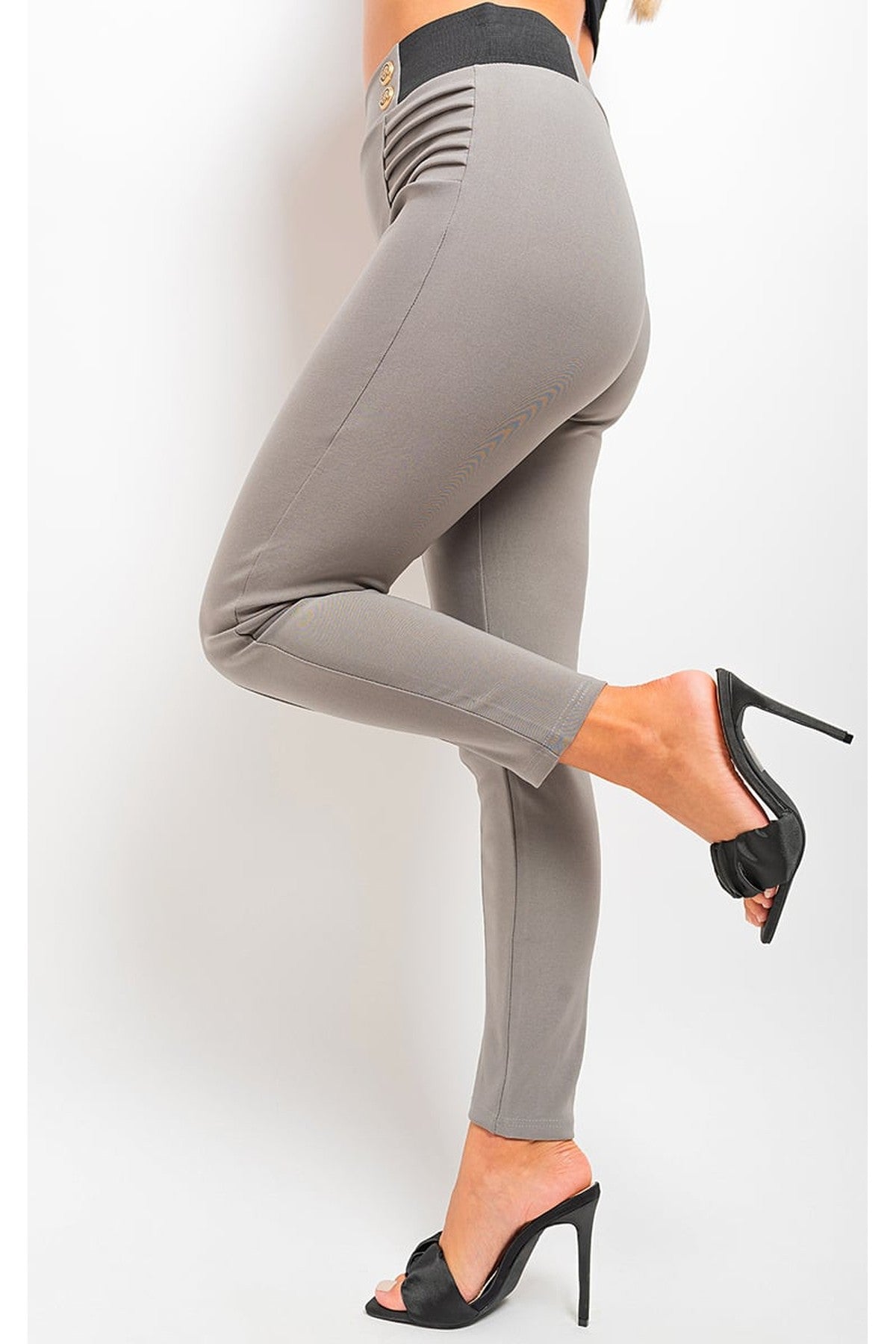 Ariah Elastic Waist Button Detail Leggings - Grey