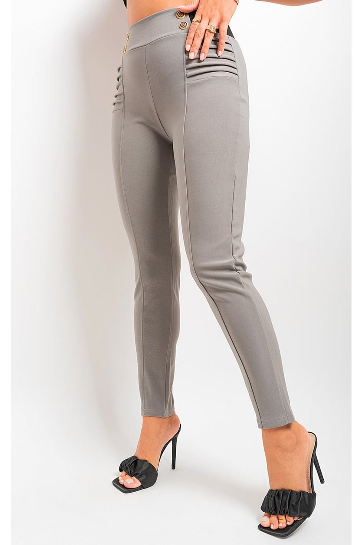 Ariah Elastic Waist Button Detail Leggings - Grey