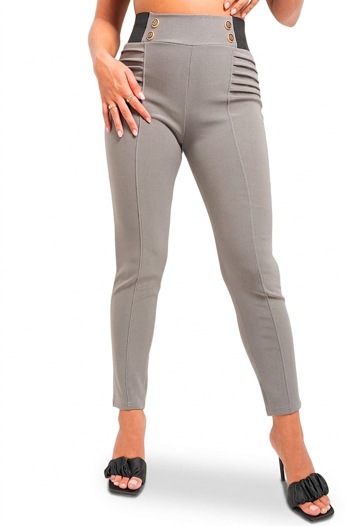 Ariah Elastic Waist Button Detail Leggings - Grey_wb