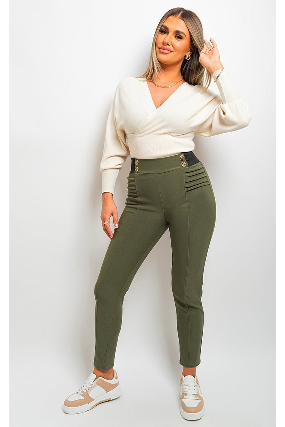 Ariah Elastic Waist Button Detail Leggings - Khaki