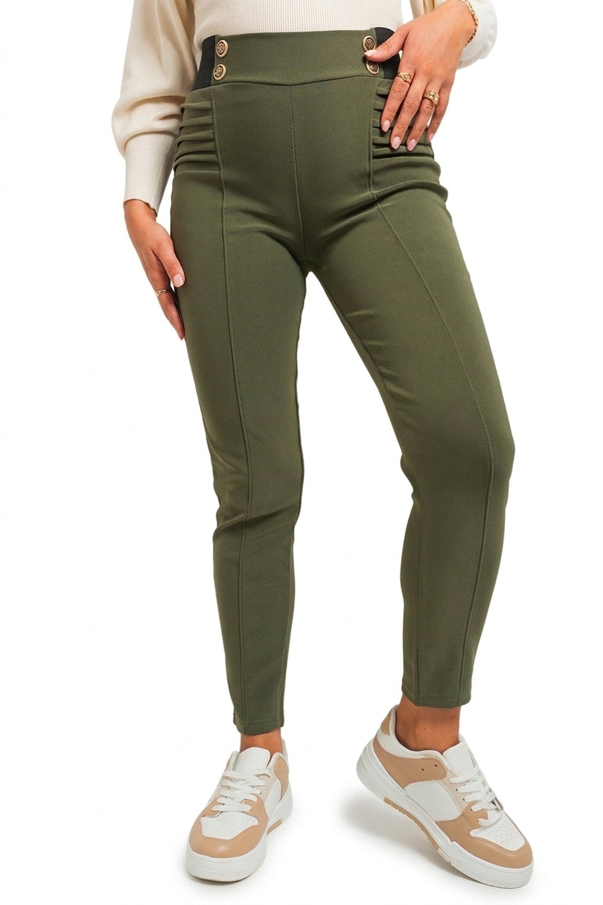 Ariah Elastic Waist Button Detail Leggings - Khaki