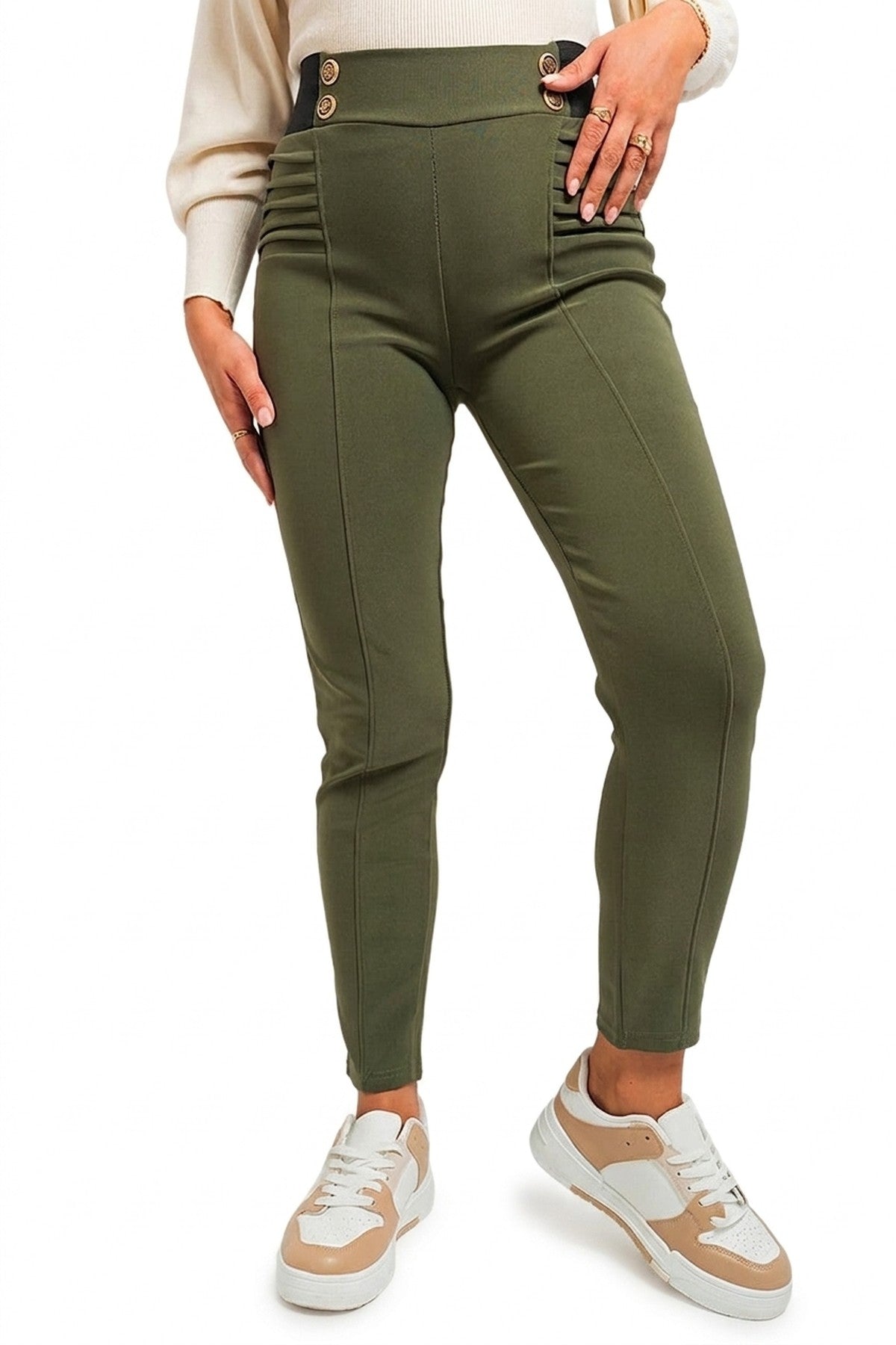 Ariah Elastic Waist Button Detail Leggings - Khaki_wb