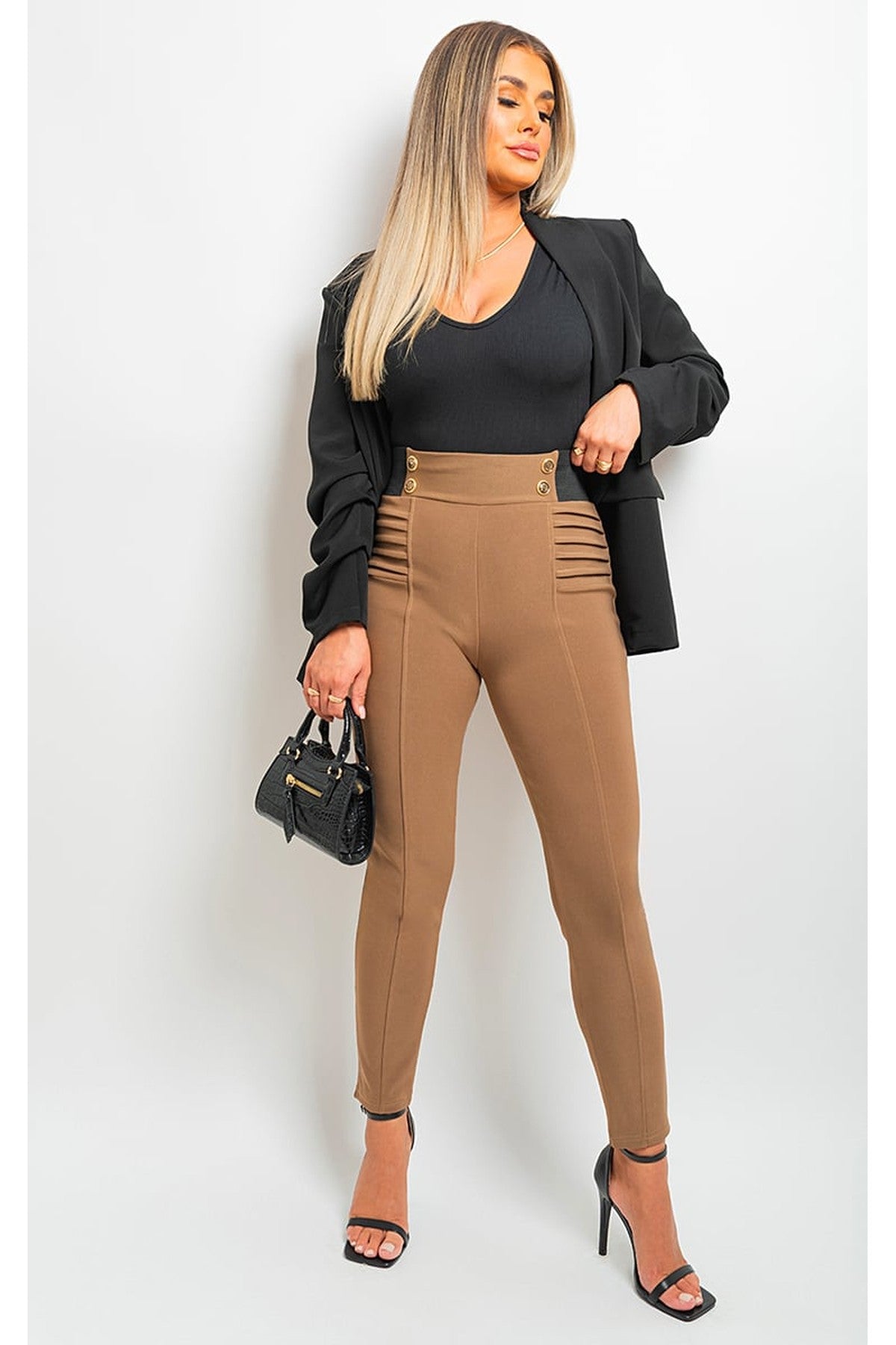 Ariah Elastic Waist Button Detail Leggings - Mocha