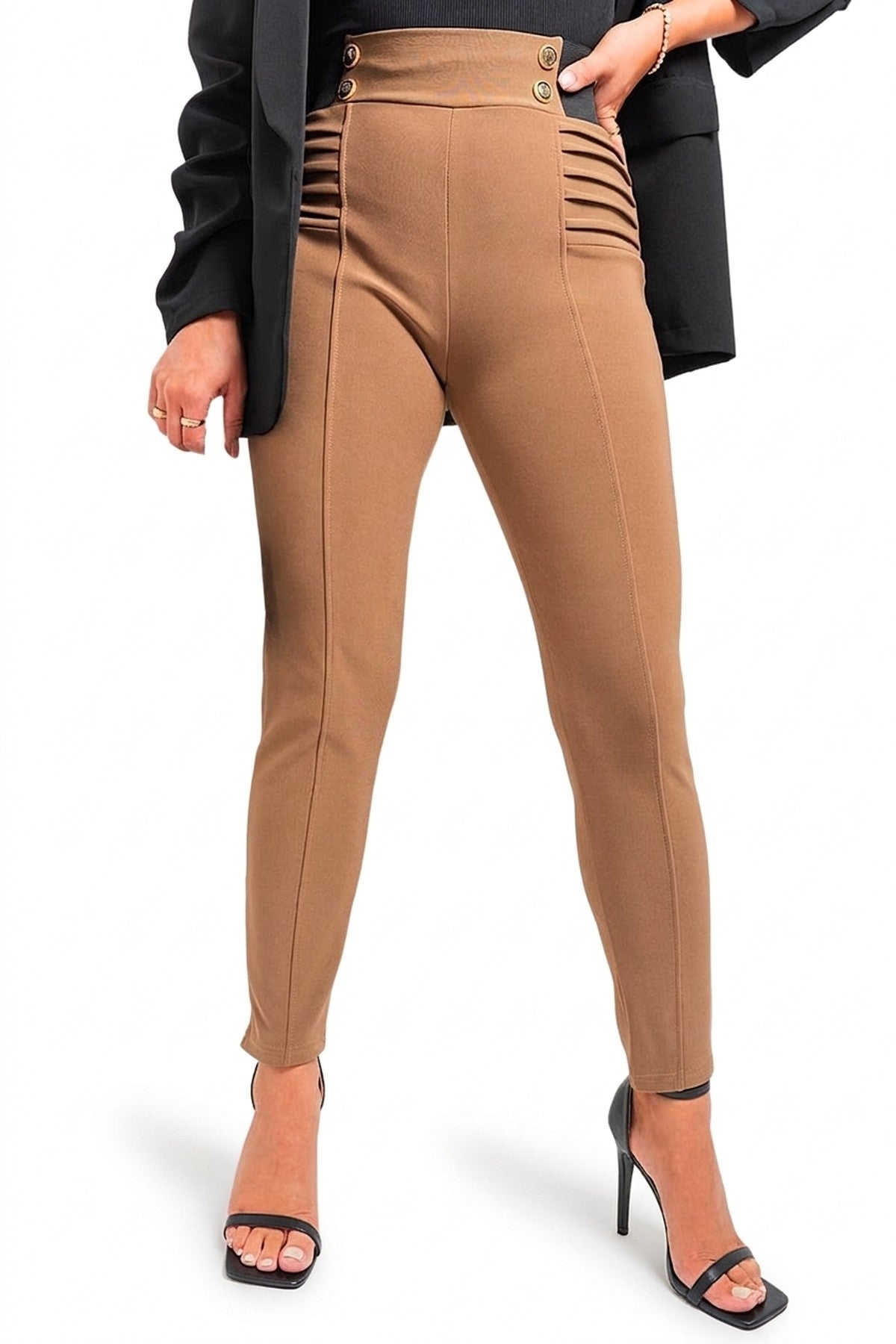 Ariah Elastic Waist Button Detail Leggings - Mocha_wb
