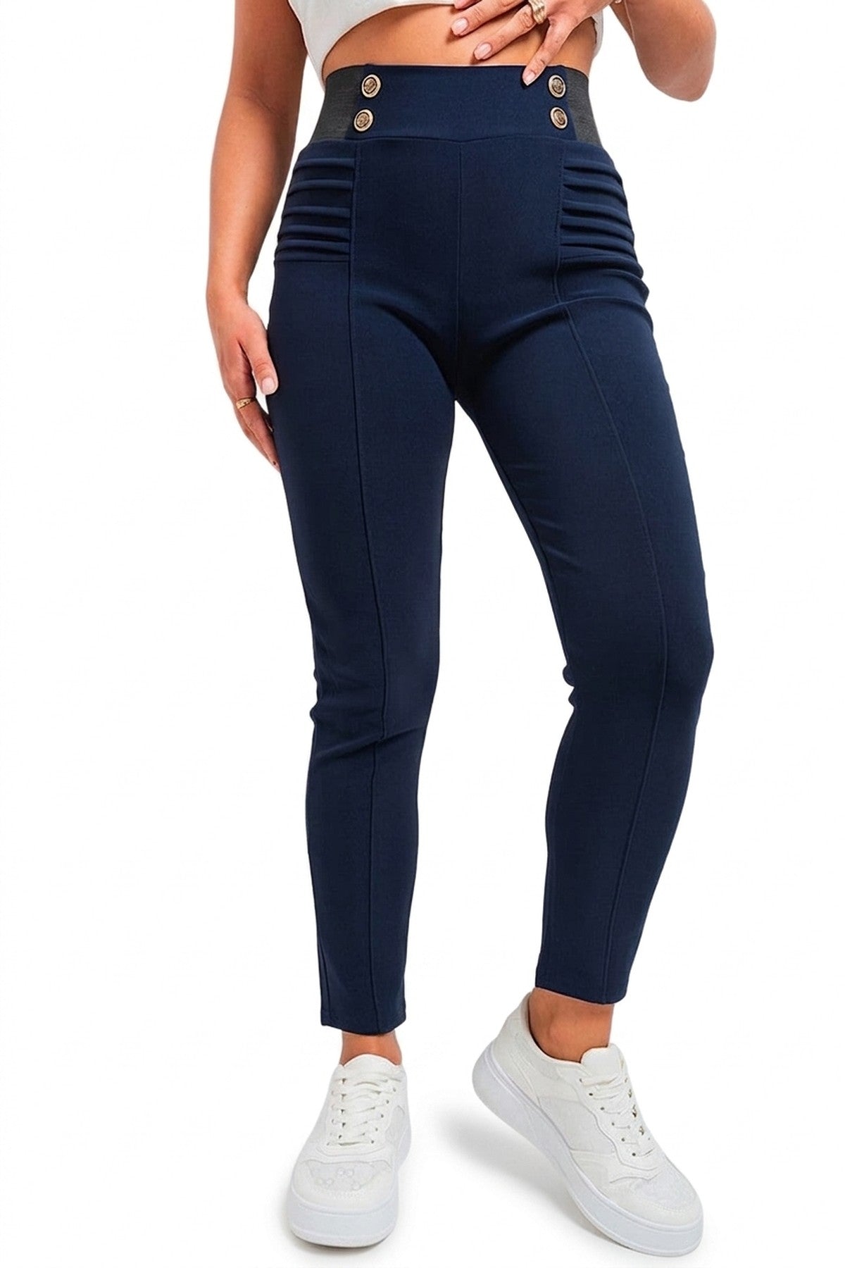 Ariah Elastic Waist Button Detail Leggings - NAVY_wb