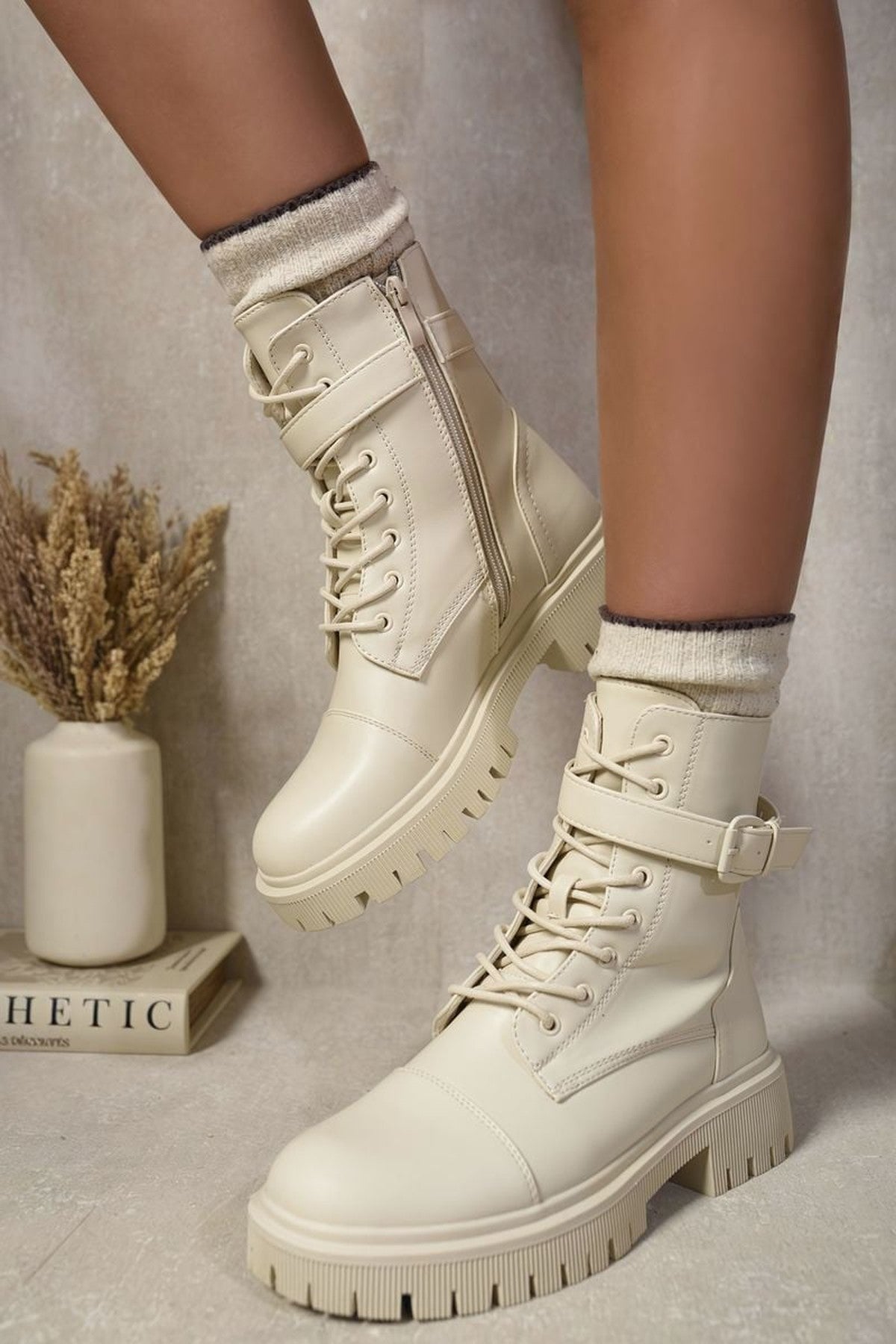 Ariella Lace Up Buckle Chunky Combat Boots - Beige