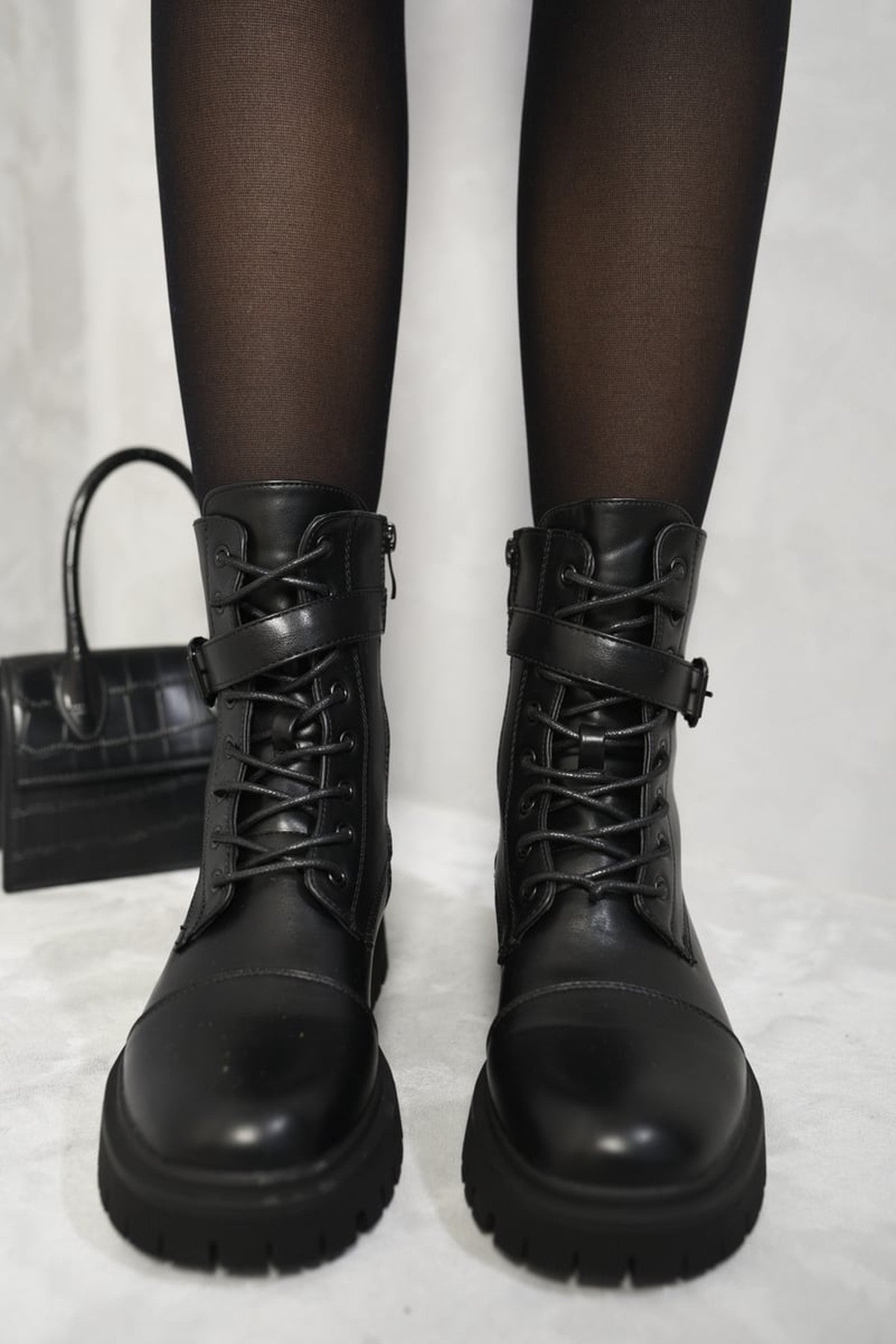 Ariella Lace Up Buckle Chunky Combat Boots - Black