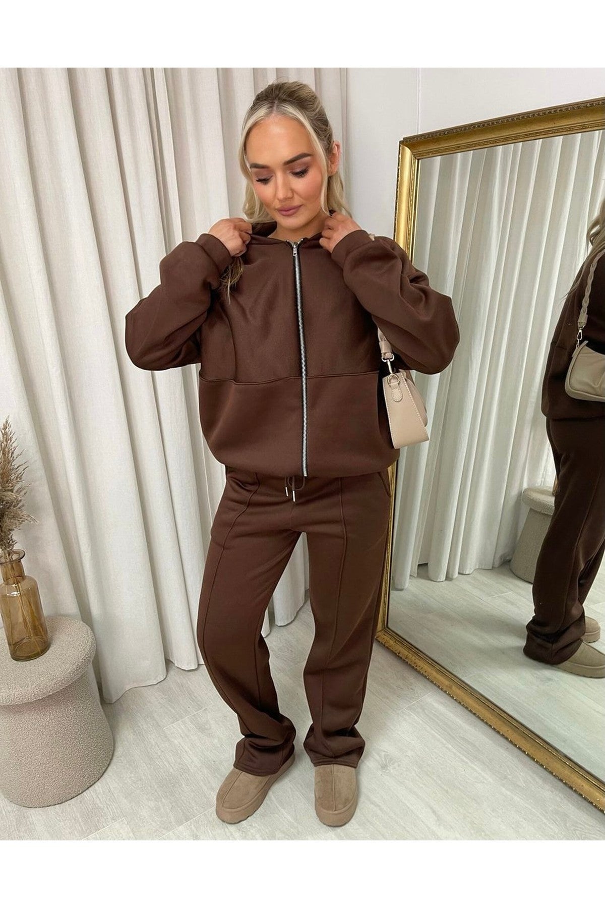 Ashlee Zip Bomber Jacket And Trouser Co-ord Set - Brown