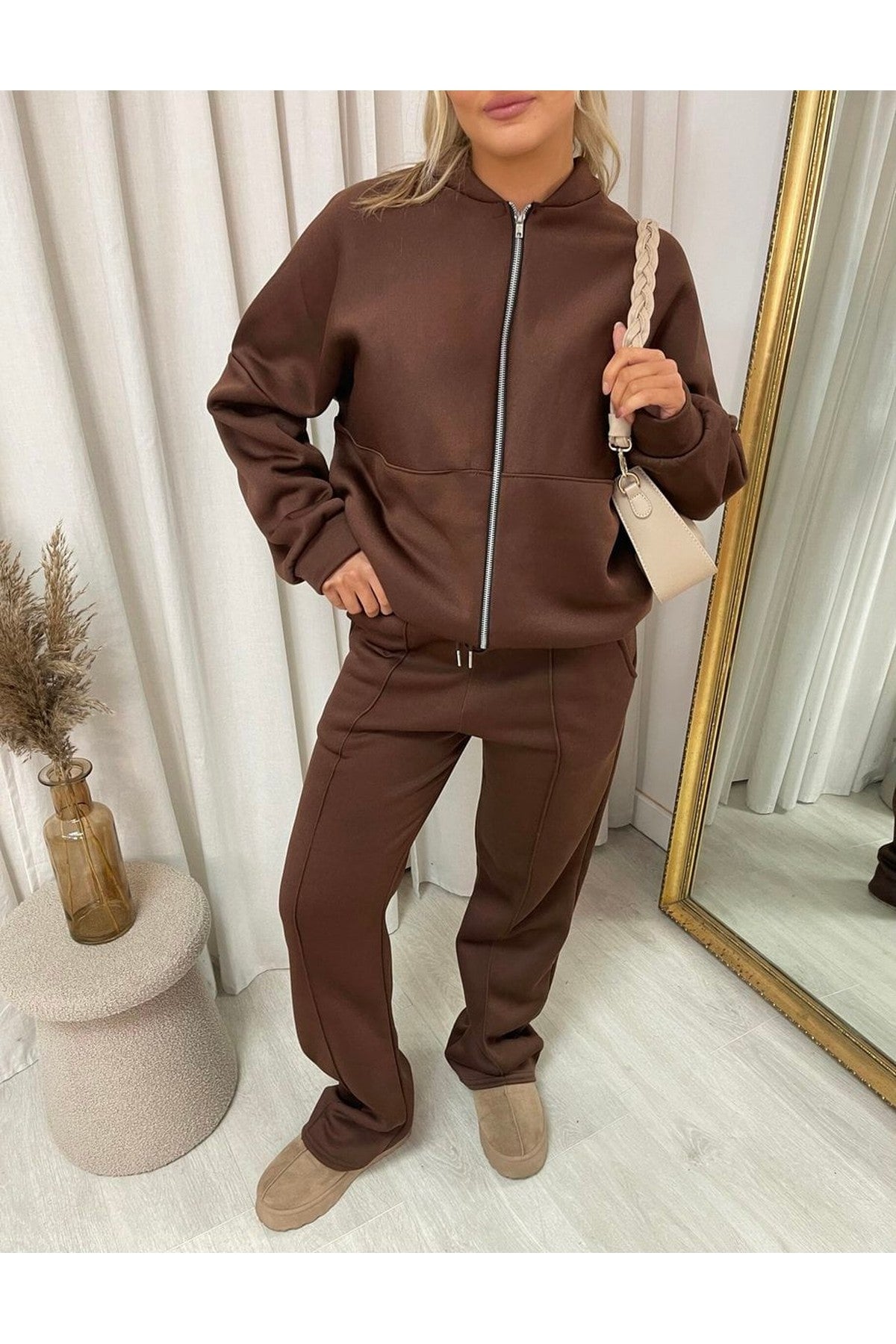 Ashlee Zip Bomber Jacket And Trouser Co-ord Set - Brown