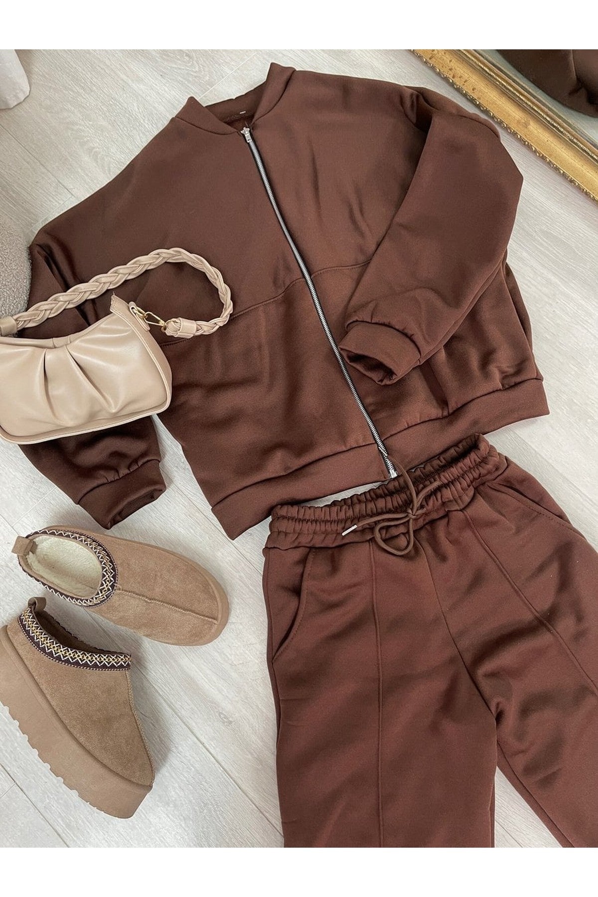Ashlee Zip Bomber Jacket And Trouser Co-ord Set - Brown