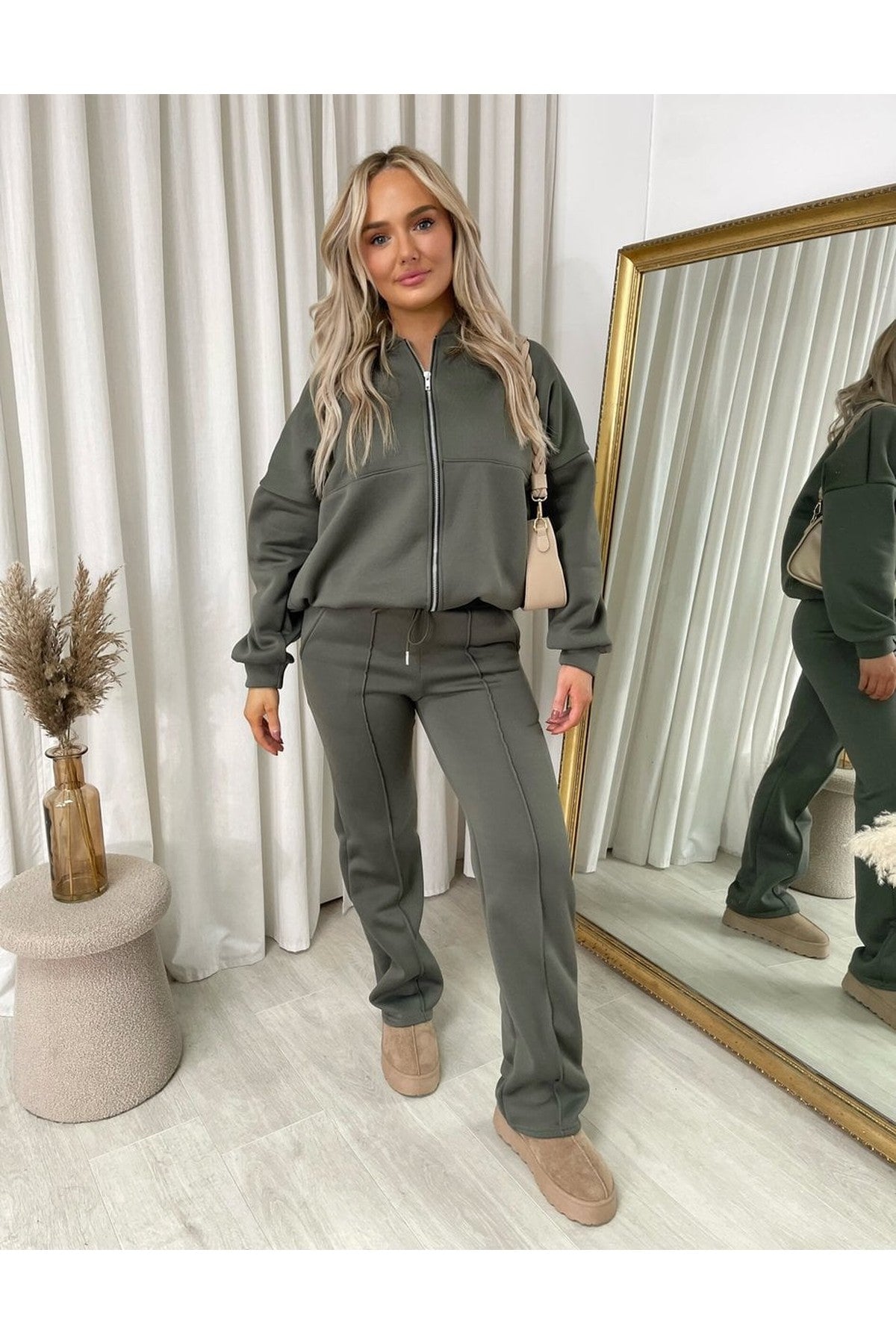 Ashlee Zip Bomber Jacket And Trouser Co-ord Set - Khaki