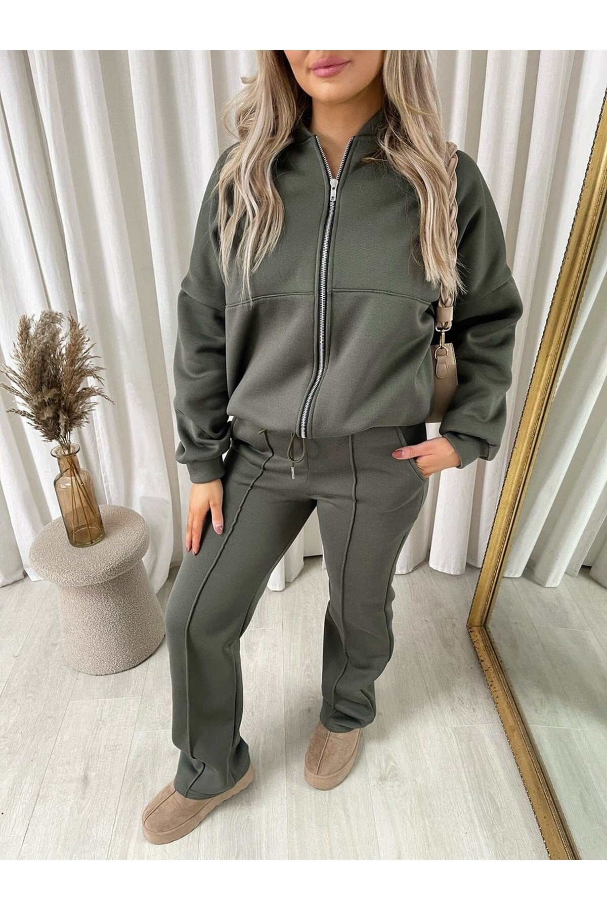 Ashlee Zip Bomber Jacket And Trouser Co-ord Set - Khaki