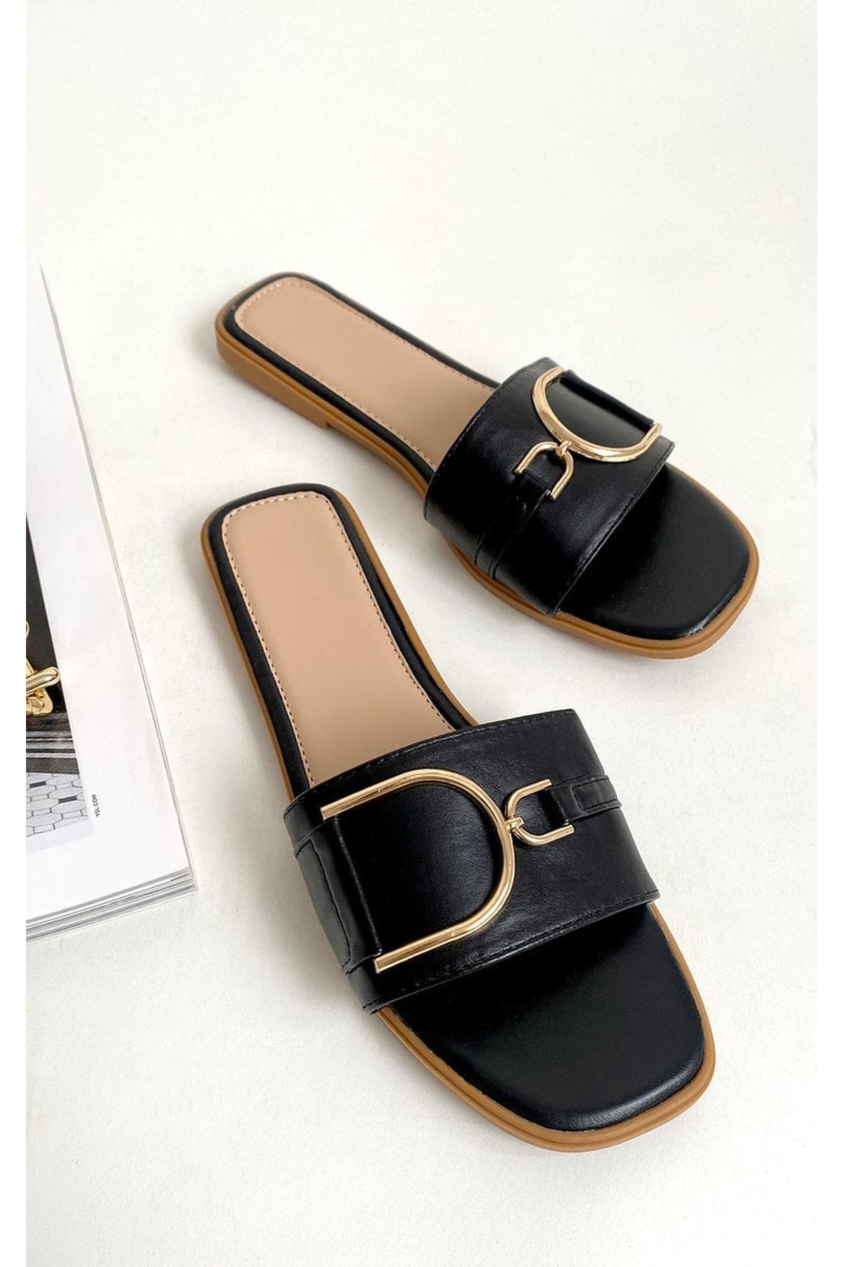 Ashleigh Gold Detail Sliders - Black