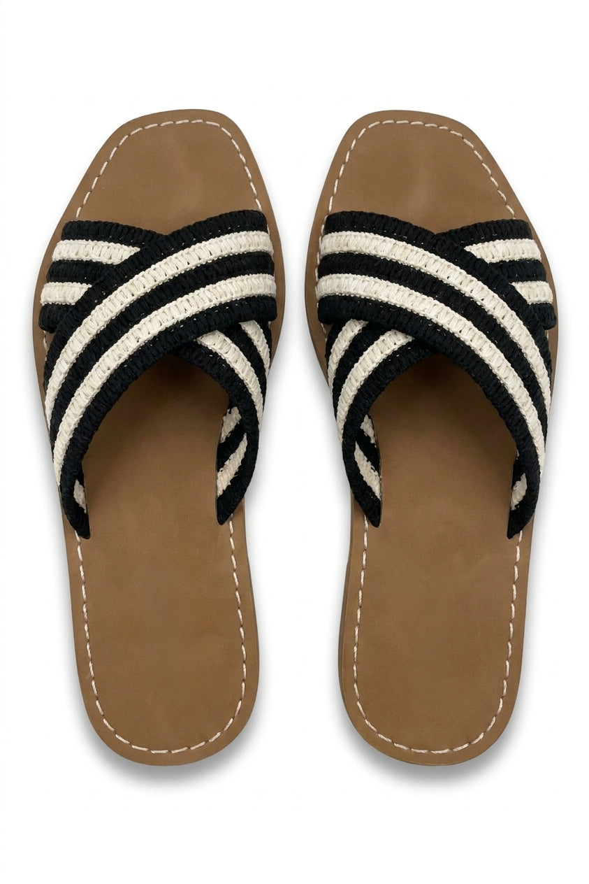 Aubree Striped Cross Over Crochet Strap Flat Sandals - Black