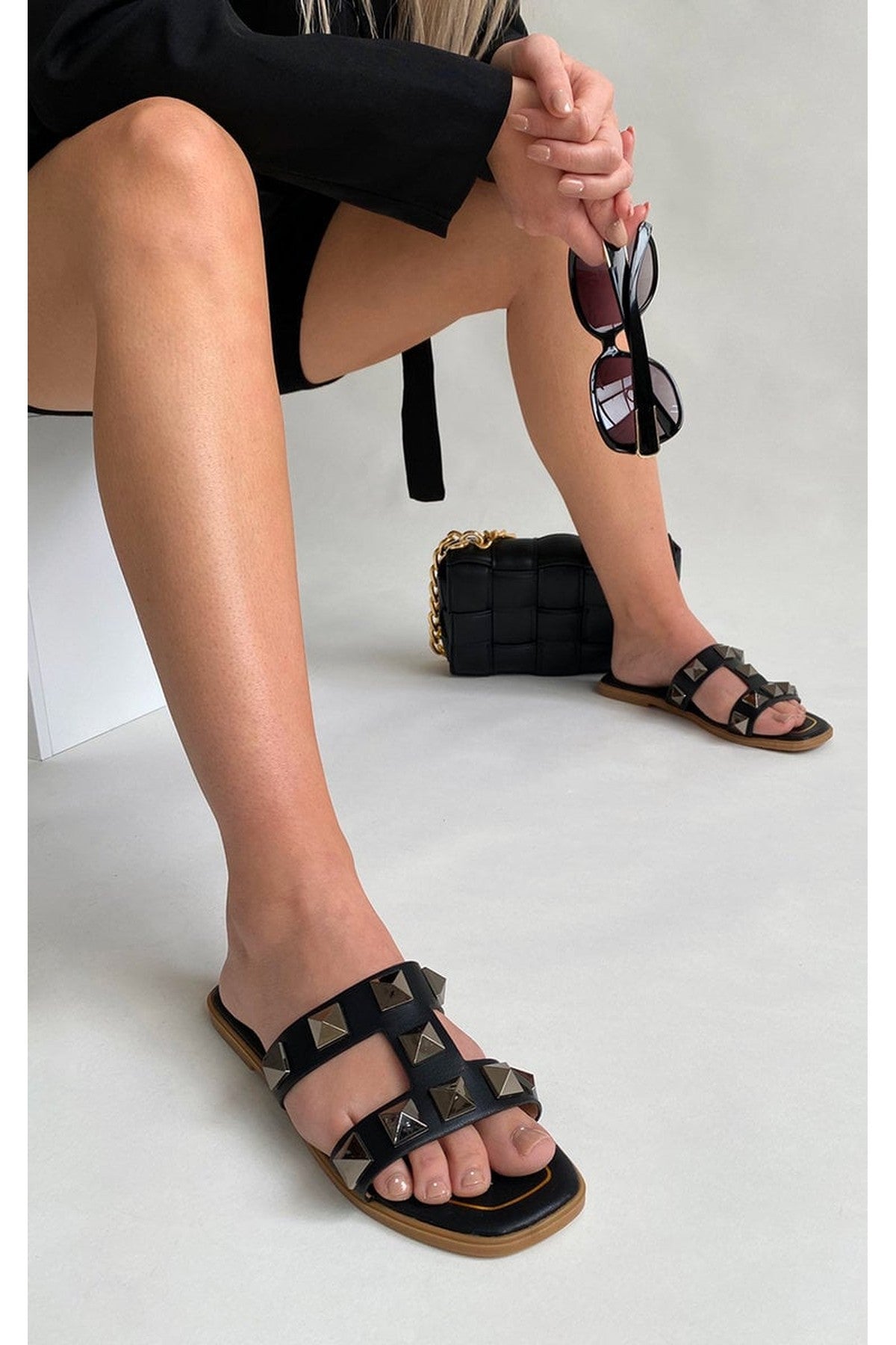 Audrey Studded Slip On Sandals - Black