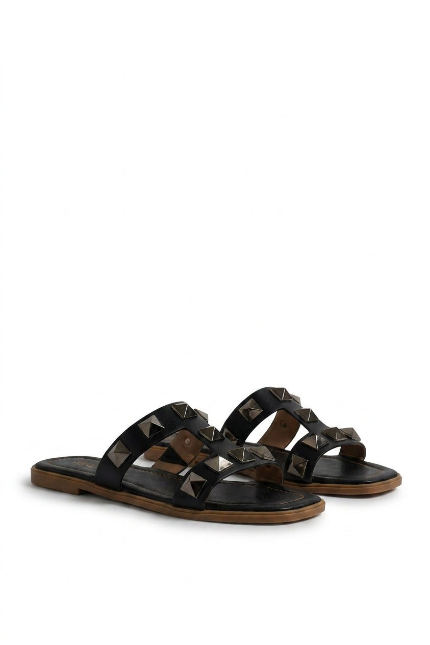 Audrey Studded Slip On Sandals - Black_wb