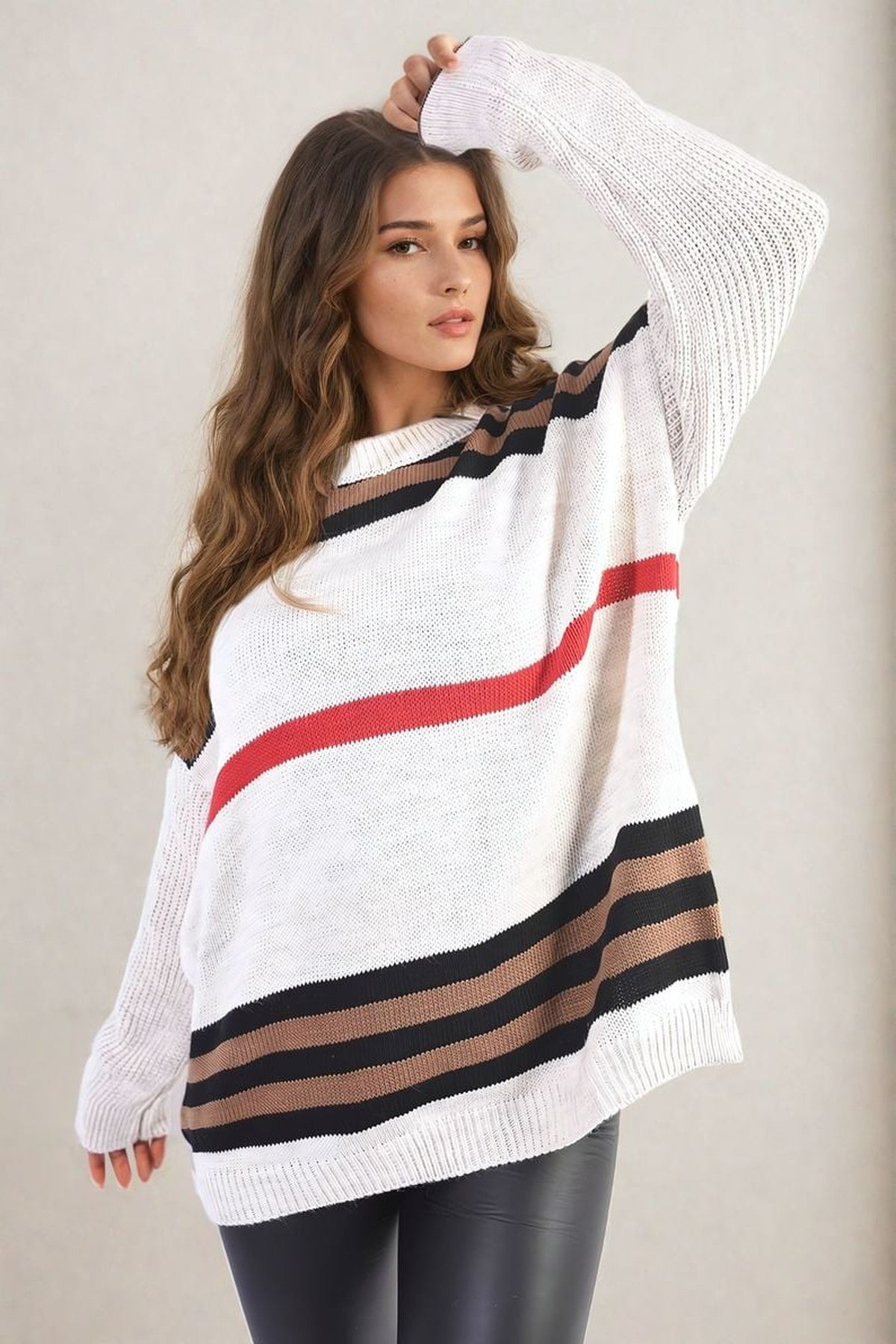 Ava Oversized Striped Long Sleeve Knitted Jumper - Beige