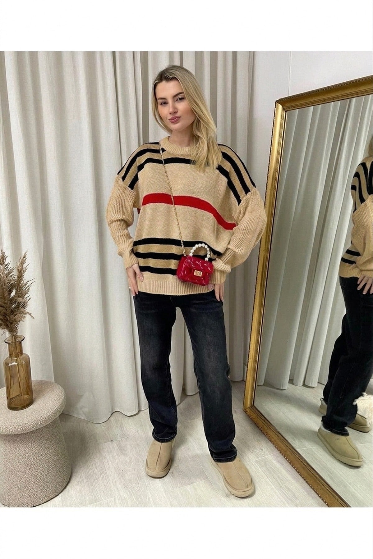 Ava Oversized Striped Long Sleeve Knitted Jumper - Beige