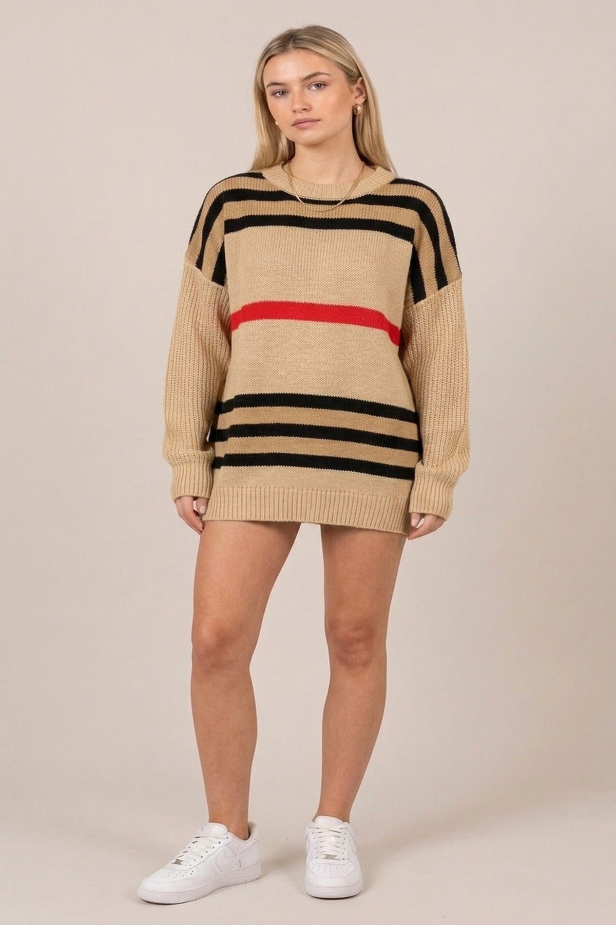 Ava Oversized Striped Long Sleeve Knitted Jumper - Beige
