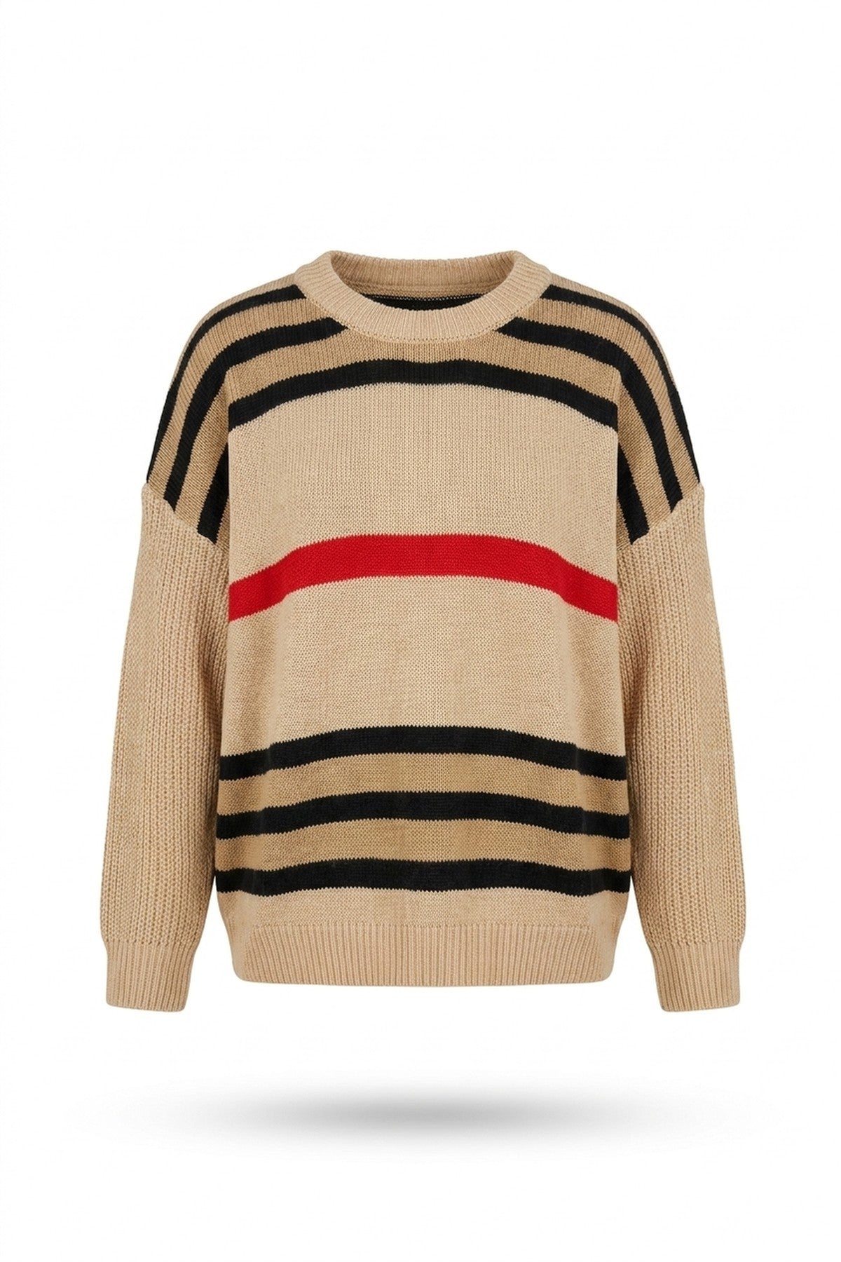 Ava Oversized Striped Long Sleeve Knitted Jumper - Beige_wb