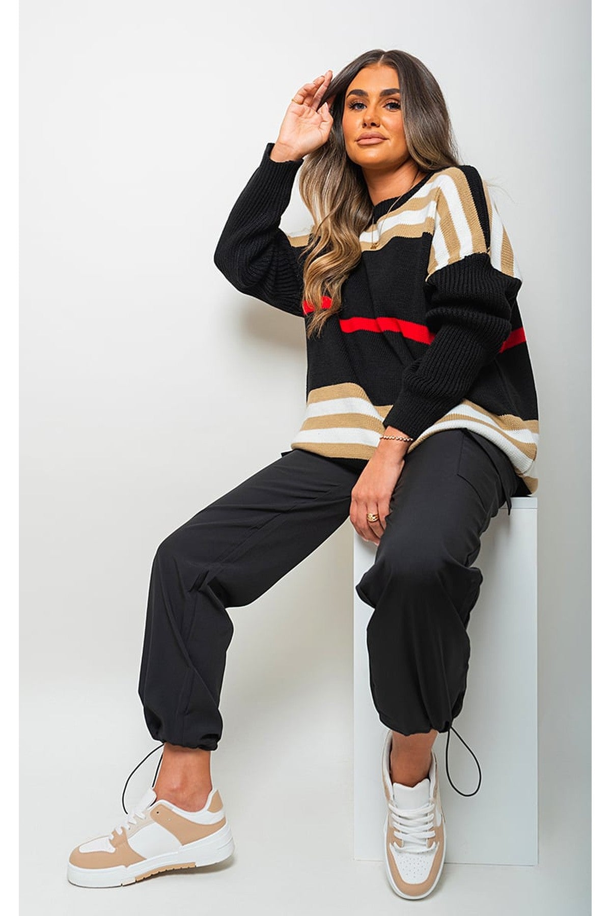 Ava Oversized Striped Long Sleeve Knitted Jumper - Black