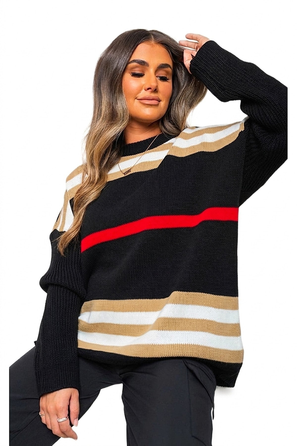 Ava Oversized Striped Long Sleeve Knitted Jumper - Black_wb