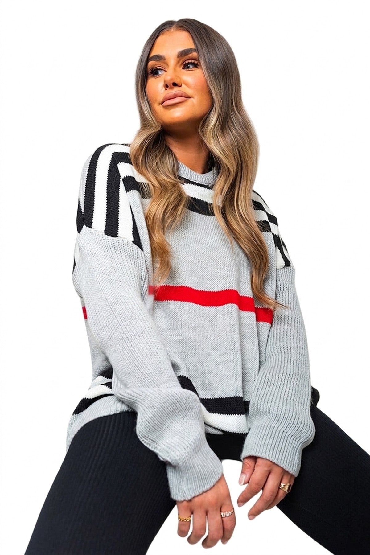 Ava Oversized Striped Long Sleeve Knitted Jumper - Grey