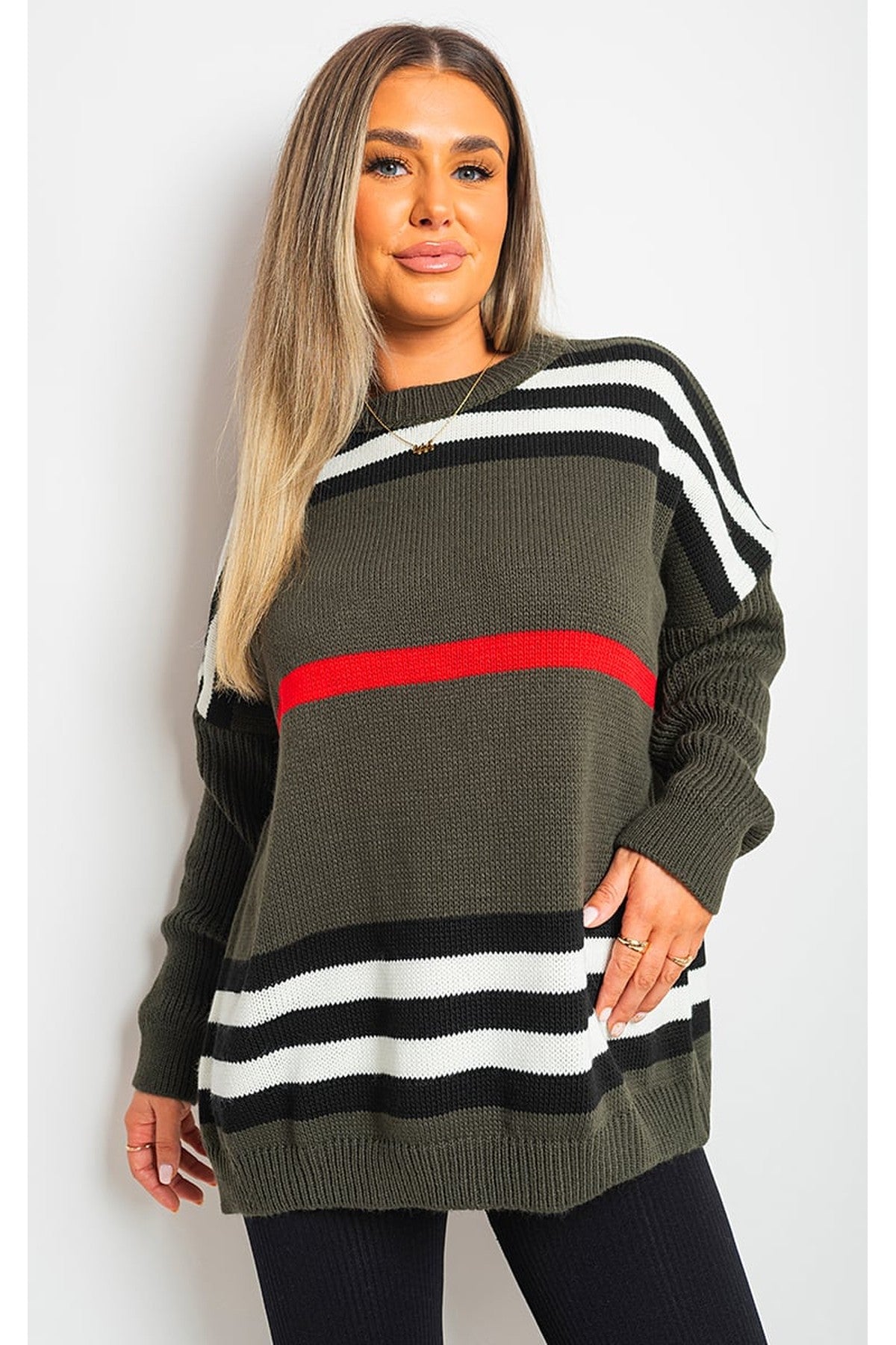 Ava Oversized Striped Long Sleeve Knitted Jumper - Khaki
